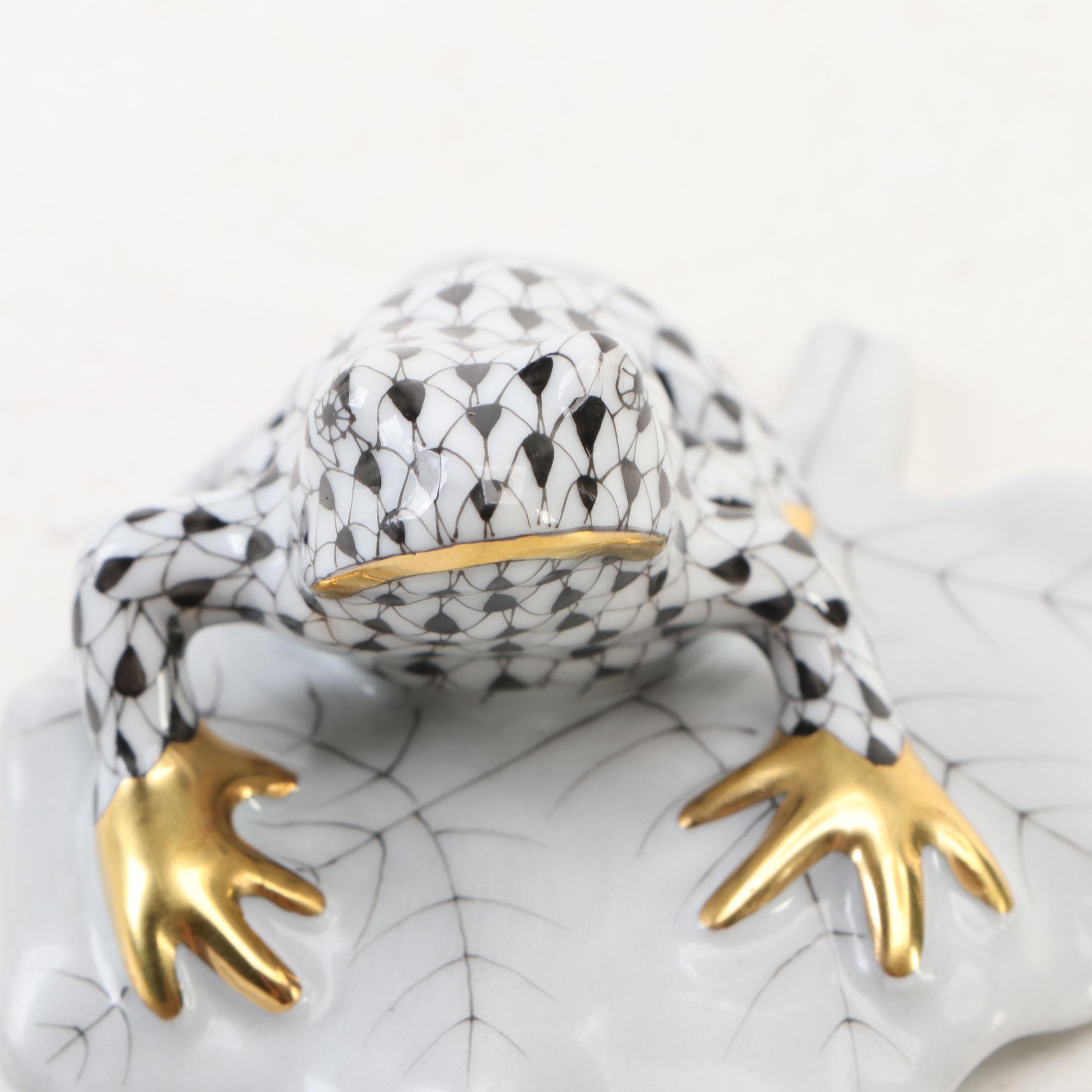 Herend Black Fishnet with Gold "Frog on Lily Pad" Porcelain Figurine