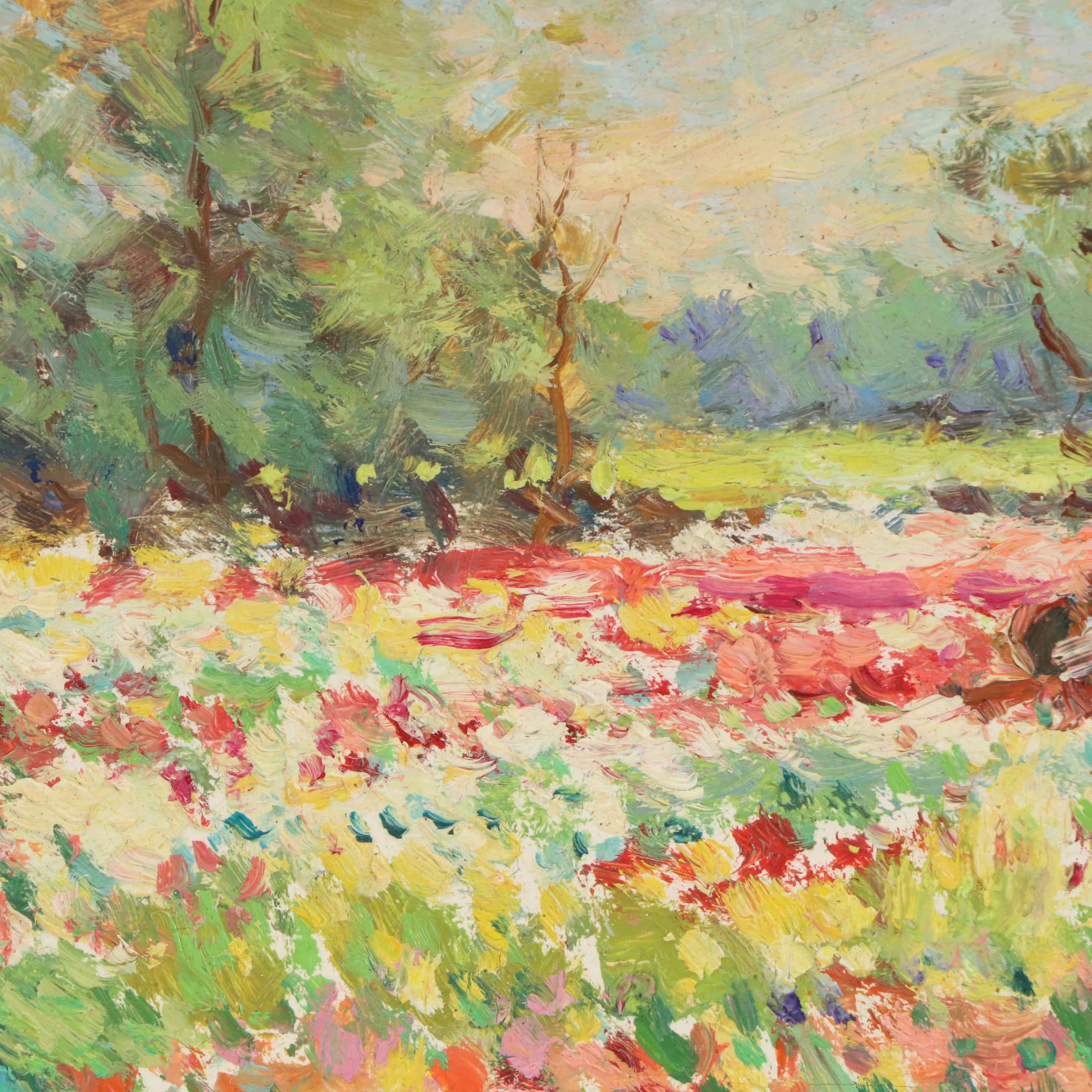 Impressionistic Floral Landscape Oil Painting, Mid-20th Century