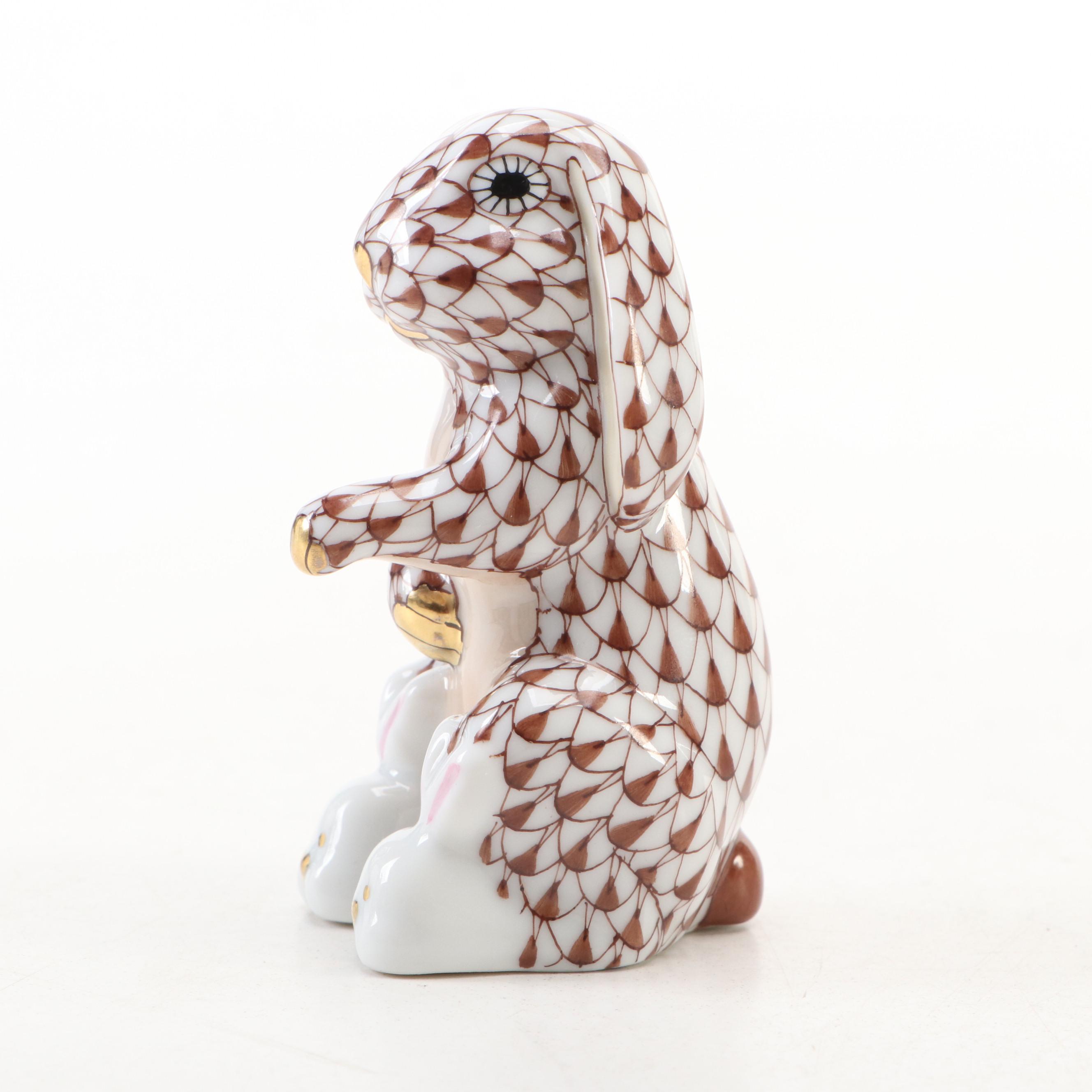Herend Chocolate Fishnet with Gold "Bunny Slippers" Porcelain Figurine
