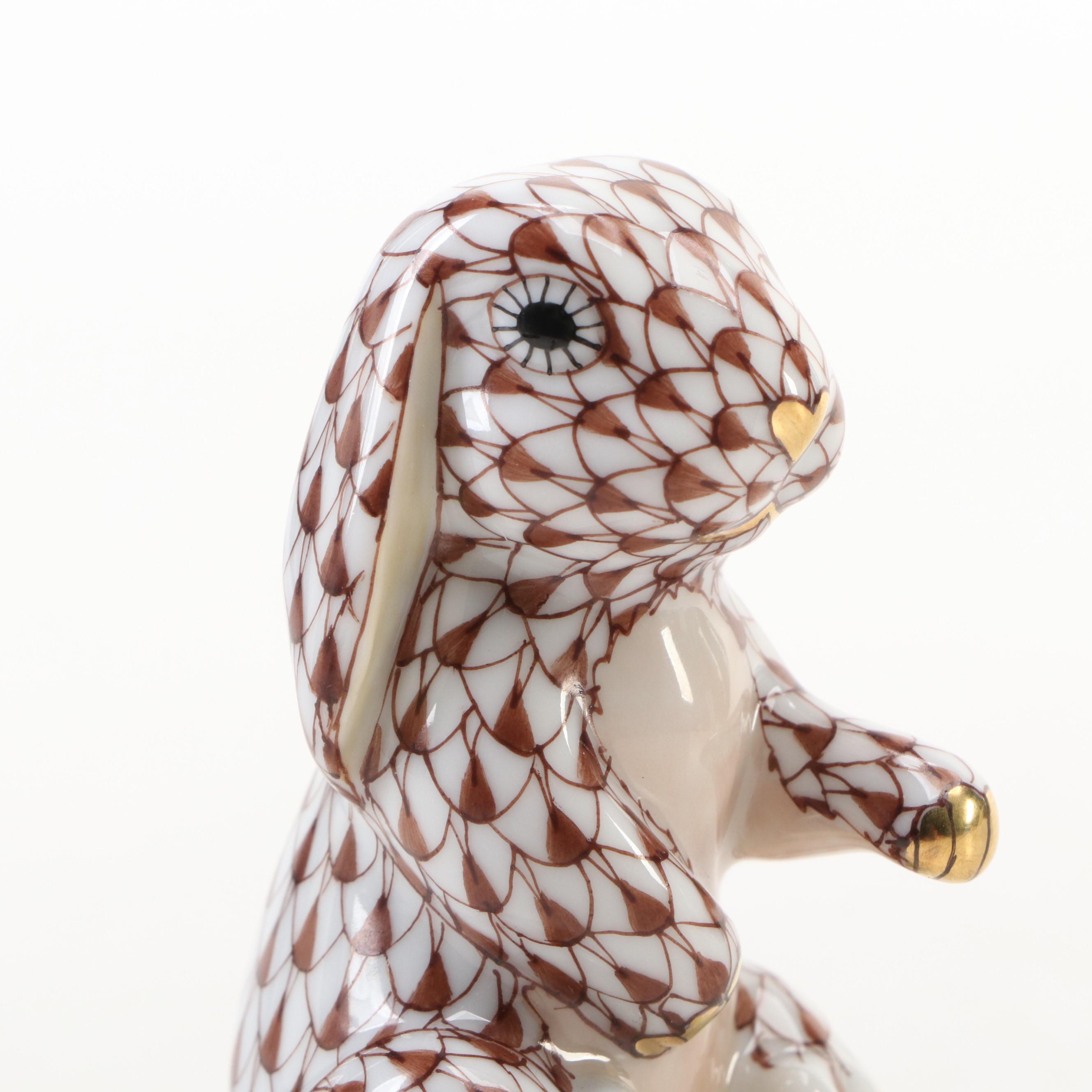 Herend Chocolate Fishnet with Gold "Bunny Slippers" Porcelain Figurine