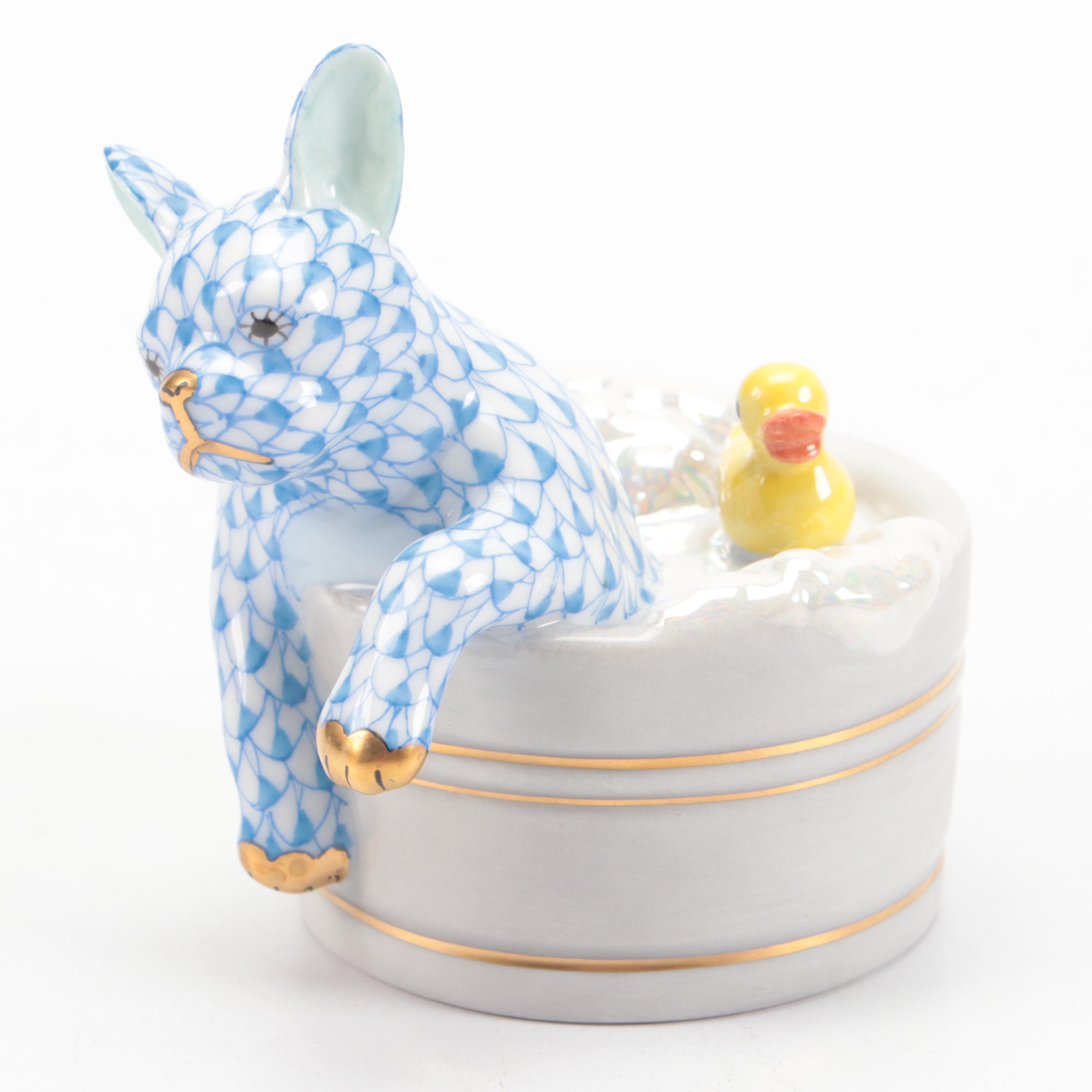 Herend Blue Fishnet with Gold "Squeaky Clean" Porcelain Figurine