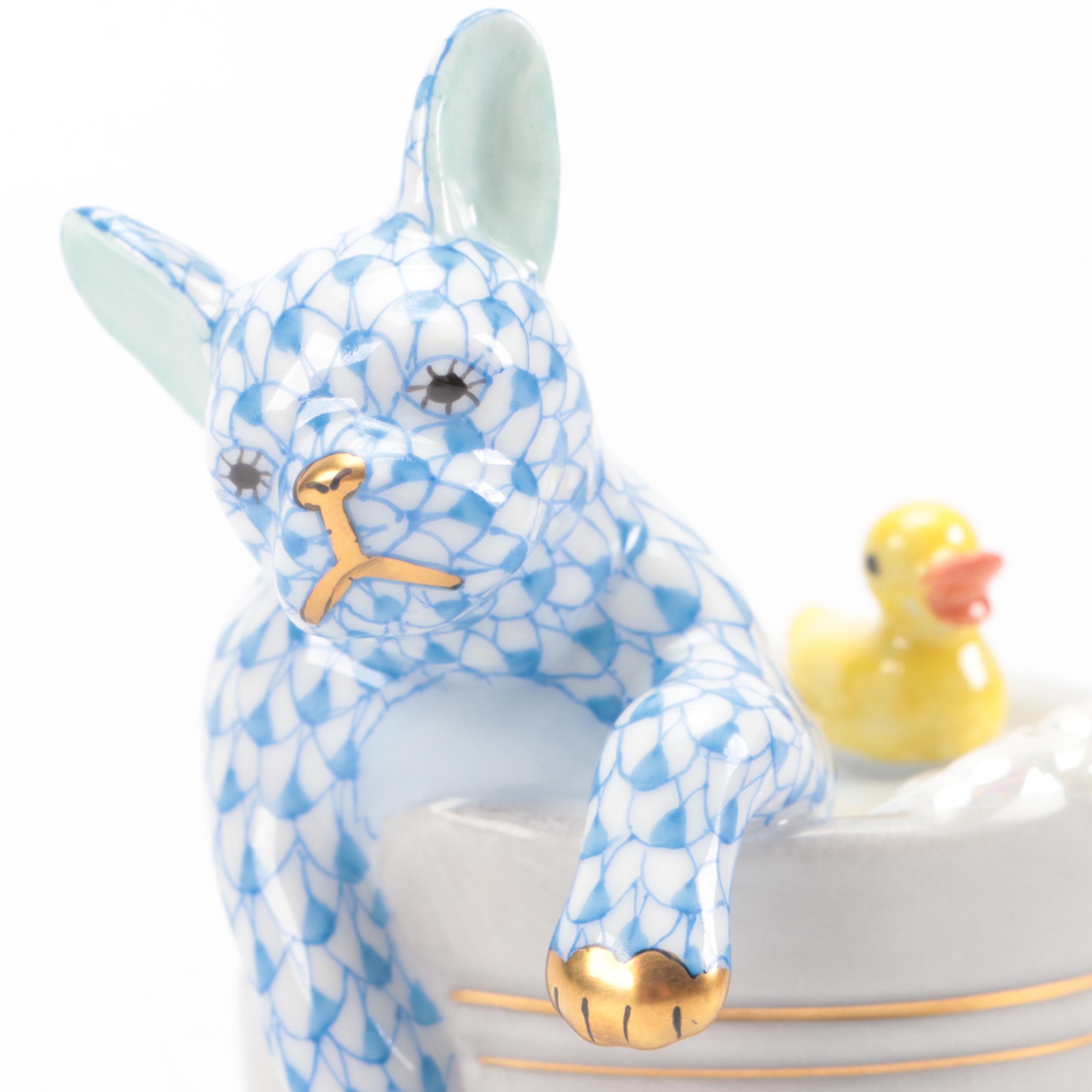 Herend Blue Fishnet with Gold "Squeaky Clean" Porcelain Figurine