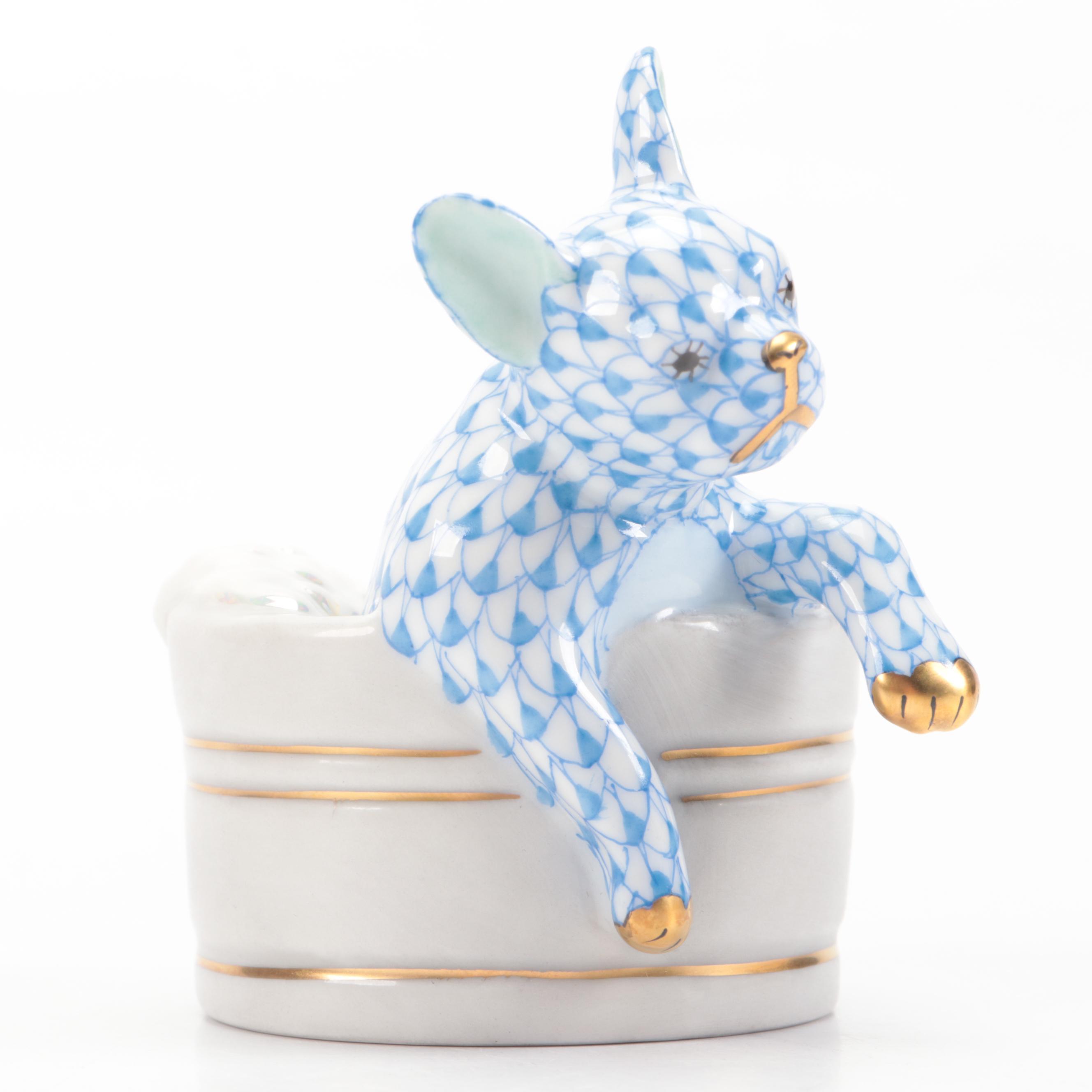 Herend Blue Fishnet with Gold "Squeaky Clean" Porcelain Figurine