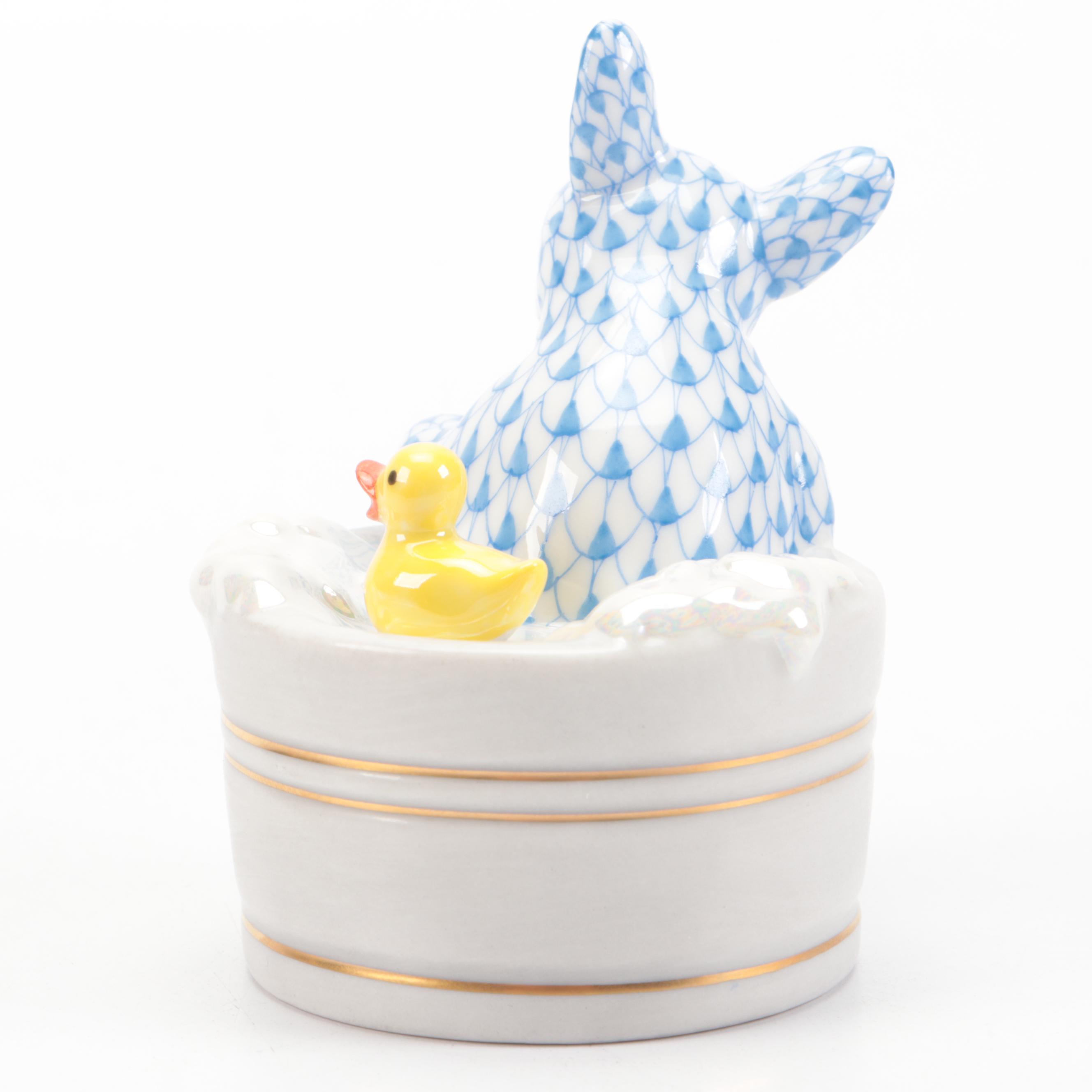 Herend Blue Fishnet with Gold "Squeaky Clean" Porcelain Figurine