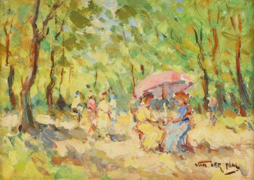 Impressionistic Figural Landscape Oil Painting, Mid-20th Century