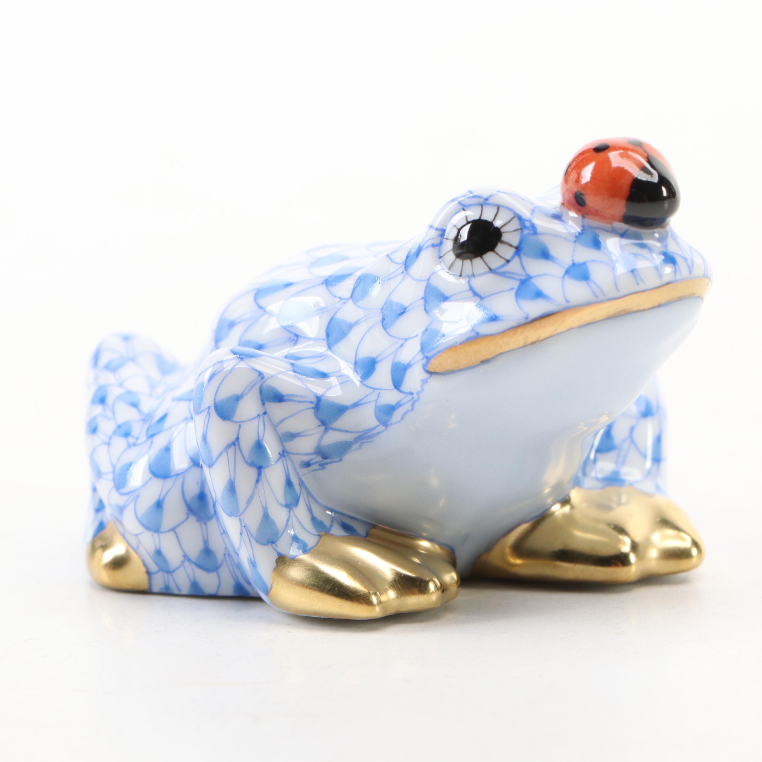 Herend Blue Fishnet with Gold "Frog with Ladybug" Porcelain Figurine
