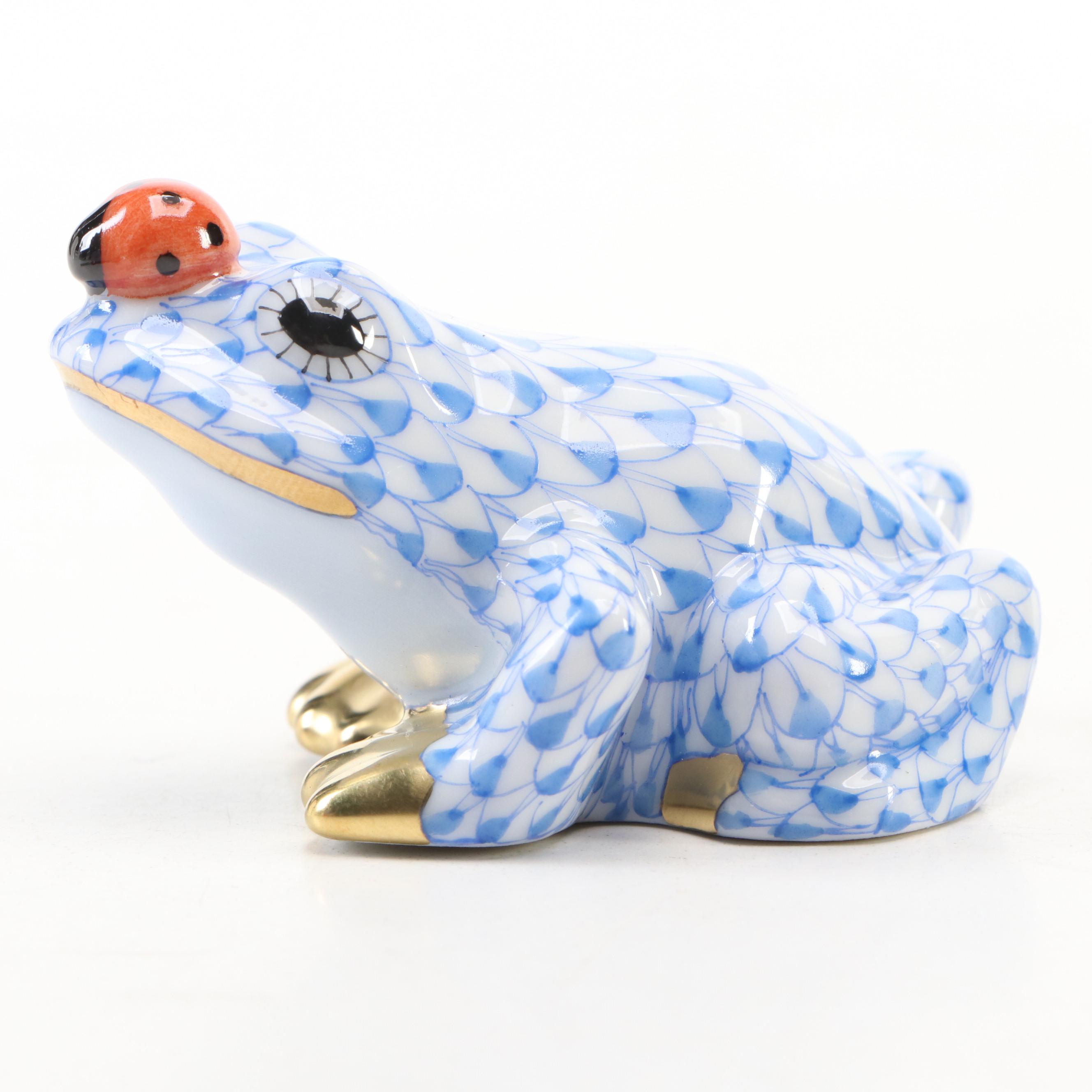 Herend Blue Fishnet with Gold "Frog with Ladybug" Porcelain Figurine