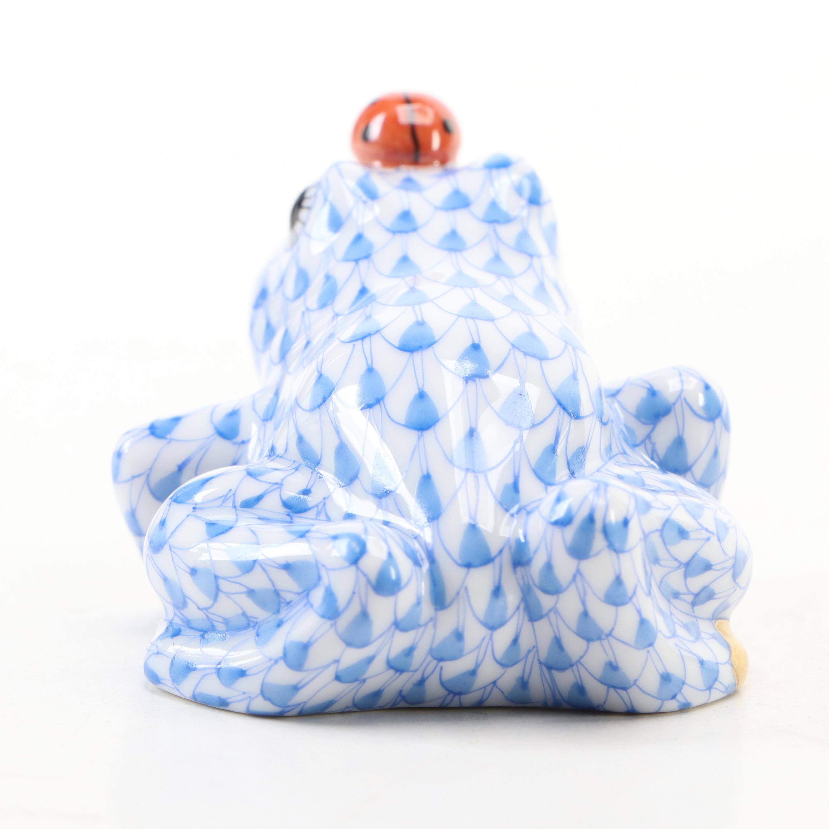Herend Blue Fishnet with Gold "Frog with Ladybug" Porcelain Figurine