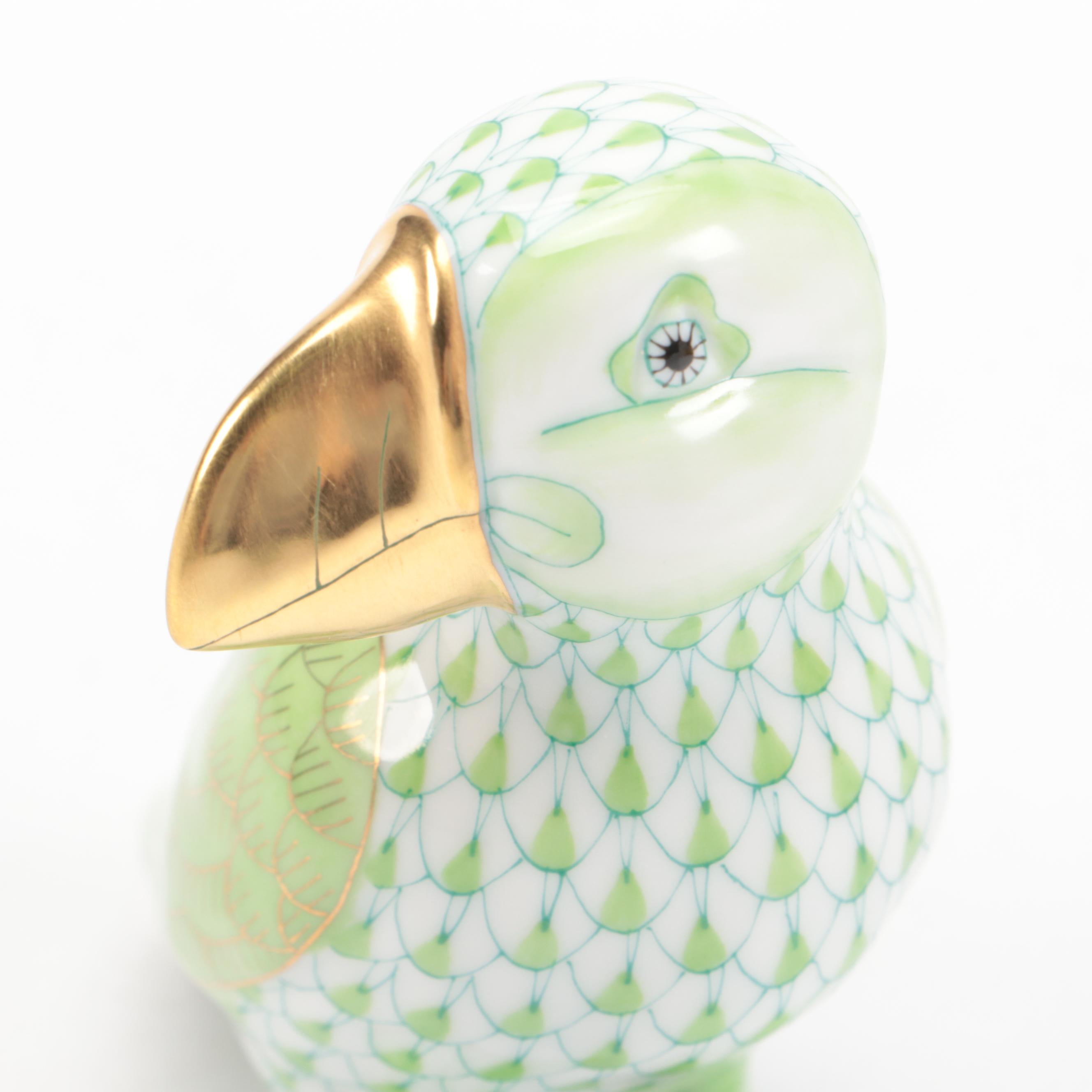 Herend Key Lime Fishnet with Gold "Puffin" Porcelain Figurine
