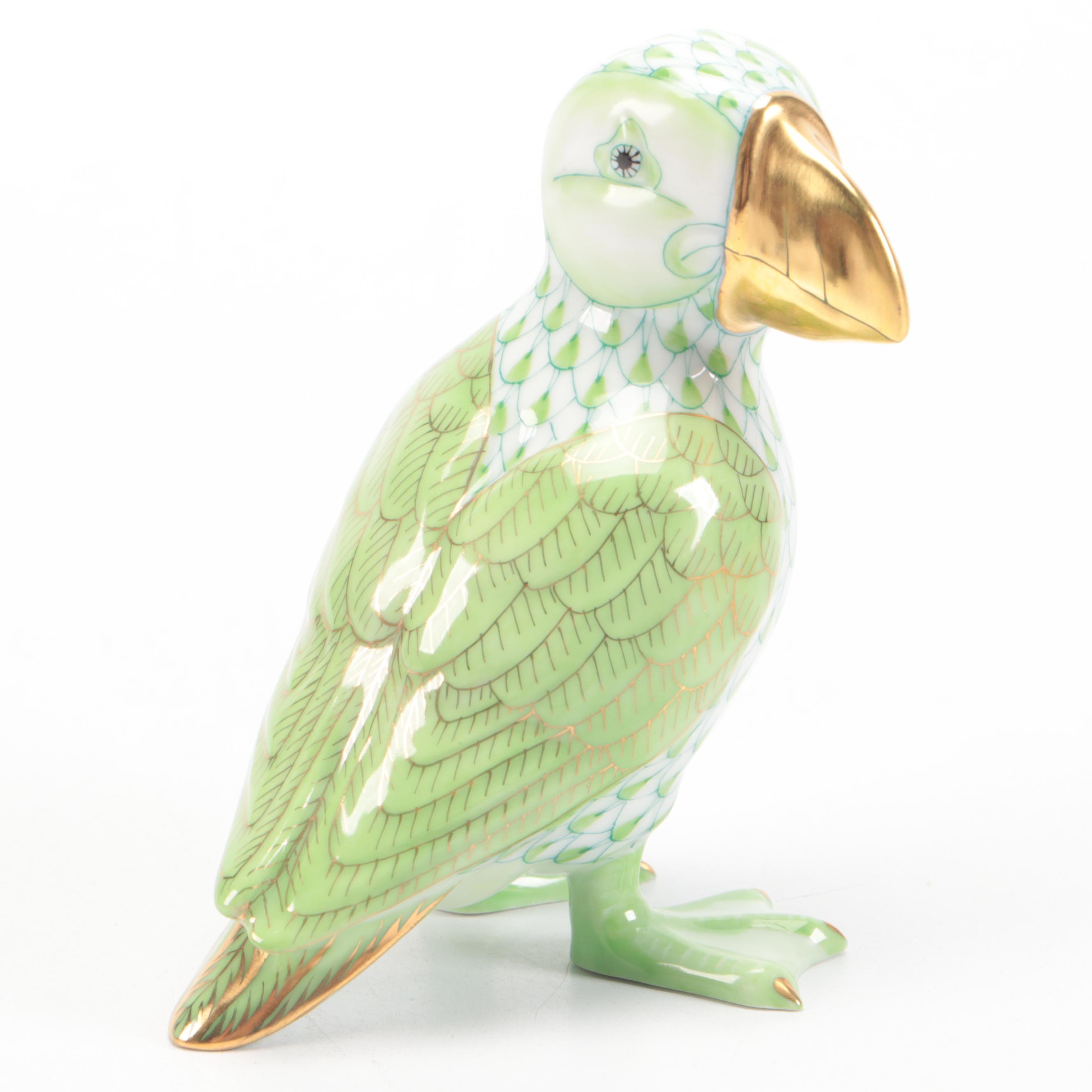 Herend Key Lime Fishnet with Gold "Puffin" Porcelain Figurine