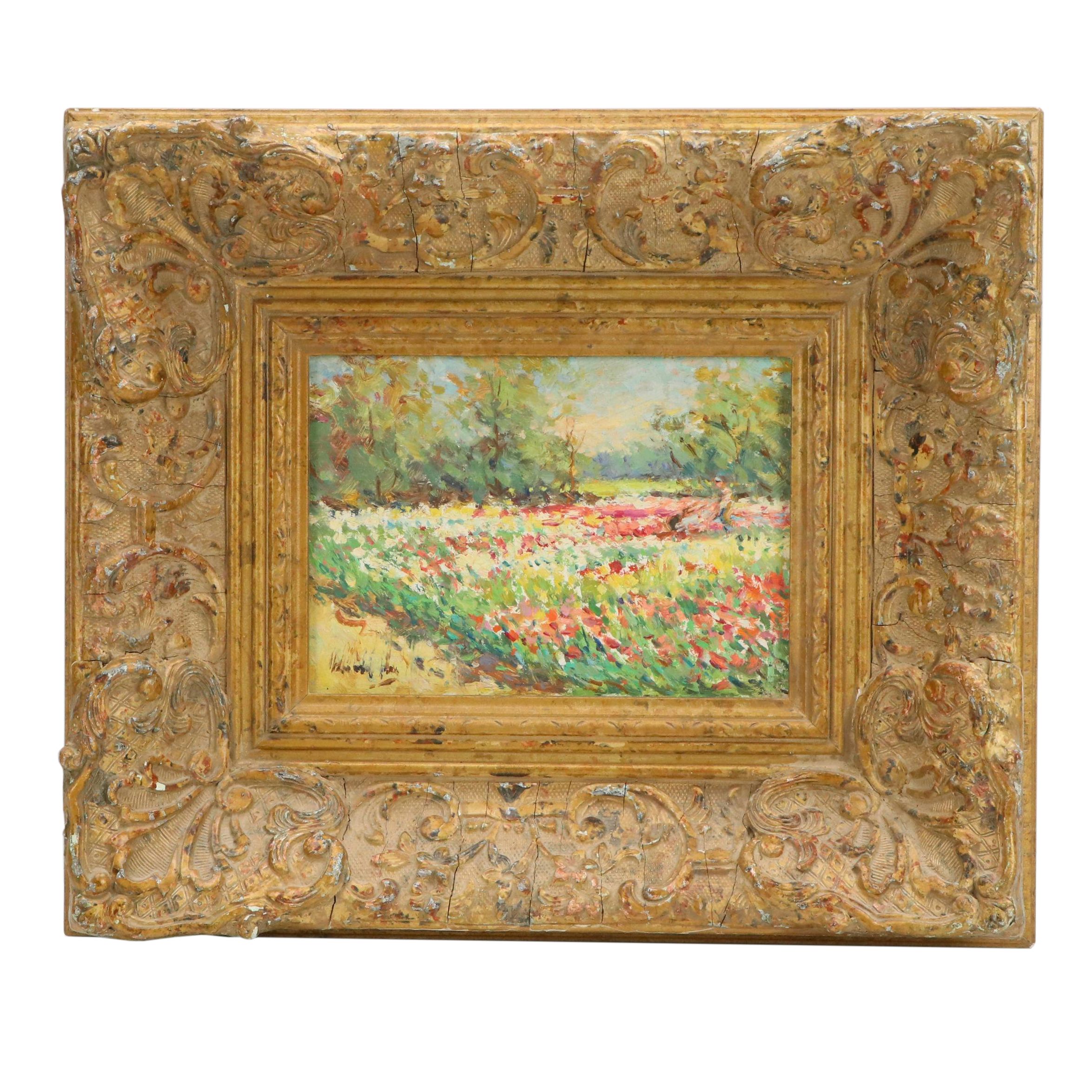 Impressionistic Floral Landscape Oil Painting, Mid-20th Century