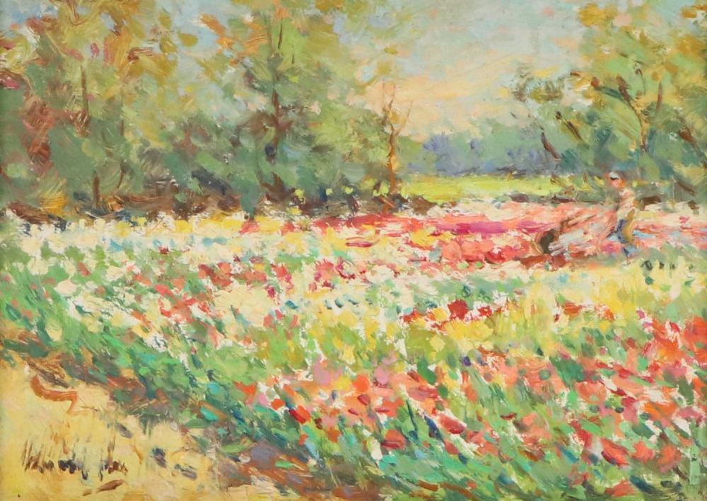 Impressionistic Floral Landscape Oil Painting, Mid-20th Century