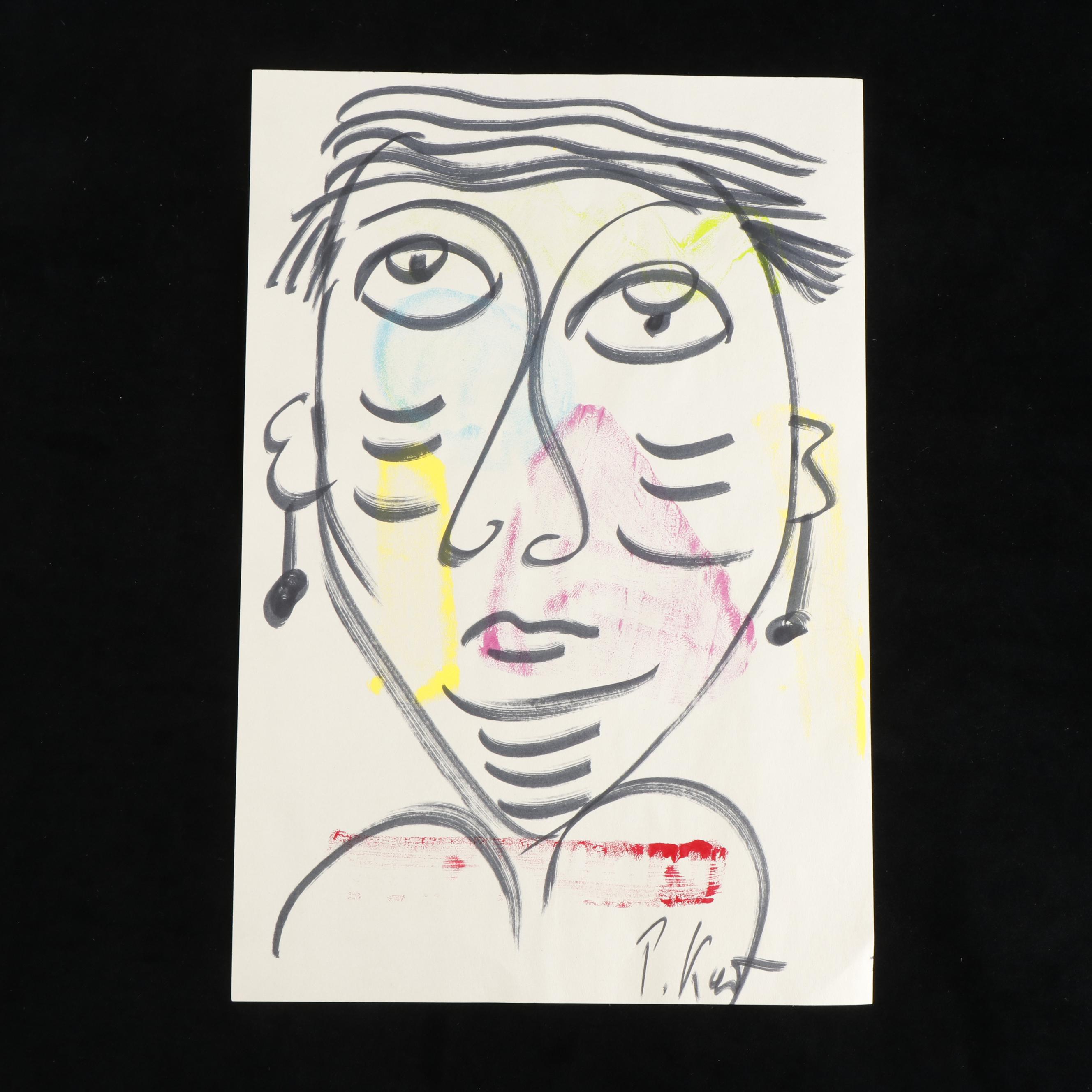 Peter Keil Abstract Acrylic Portrait Painting, Late 20th Century