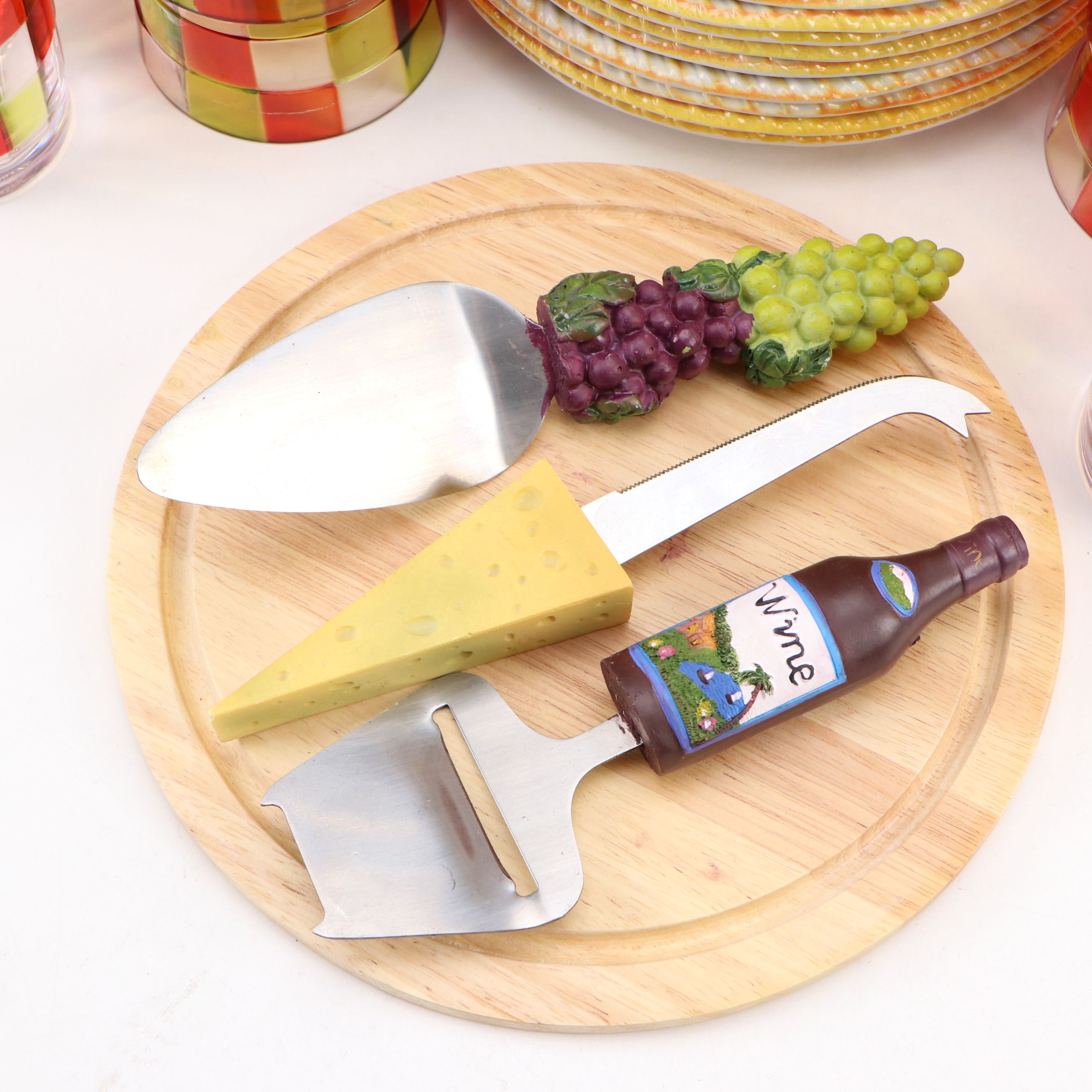 Melamine Bowls and Plates with Cups, Cheese Utensils and Board