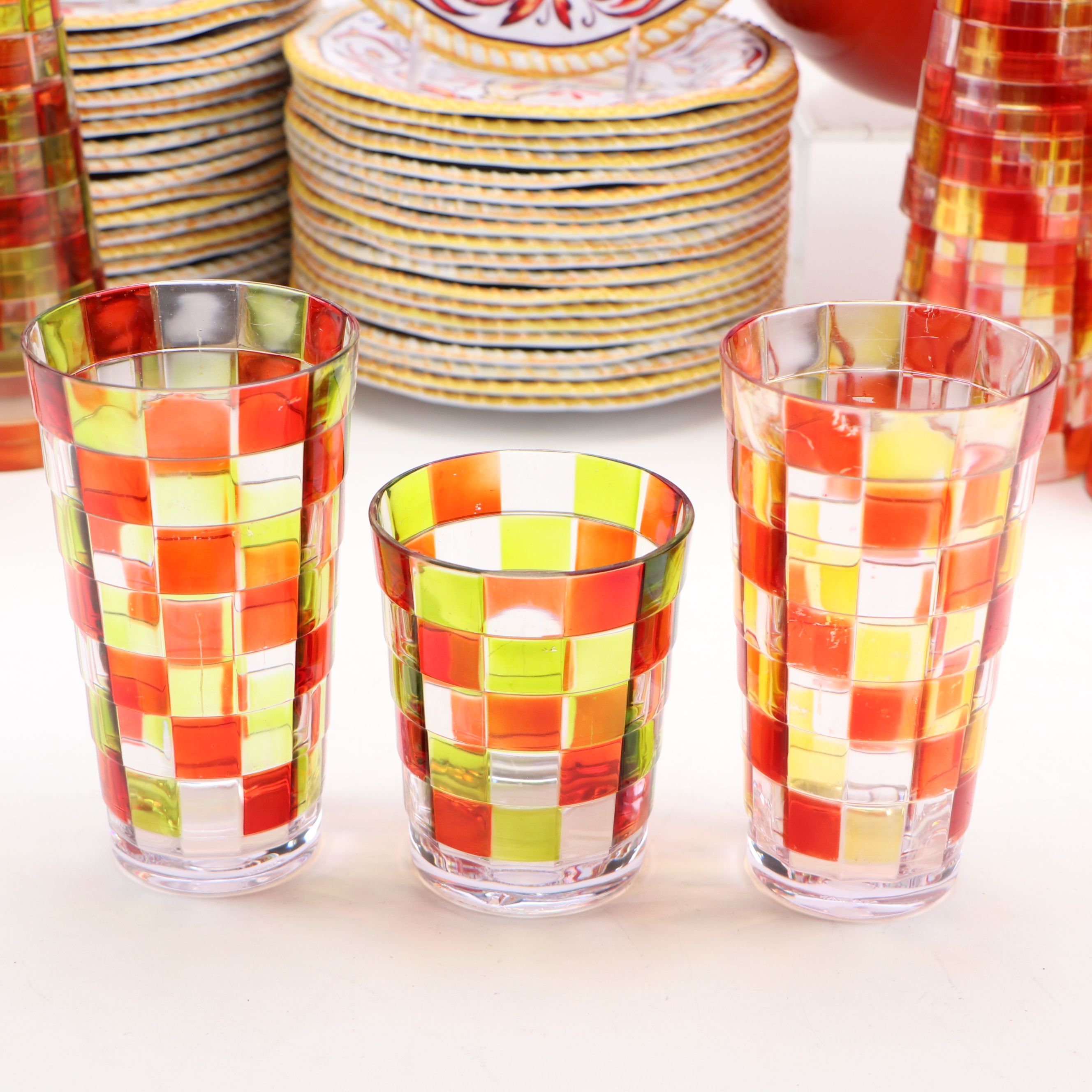 Melamine Bowls and Plates with Cups, Cheese Utensils and Board