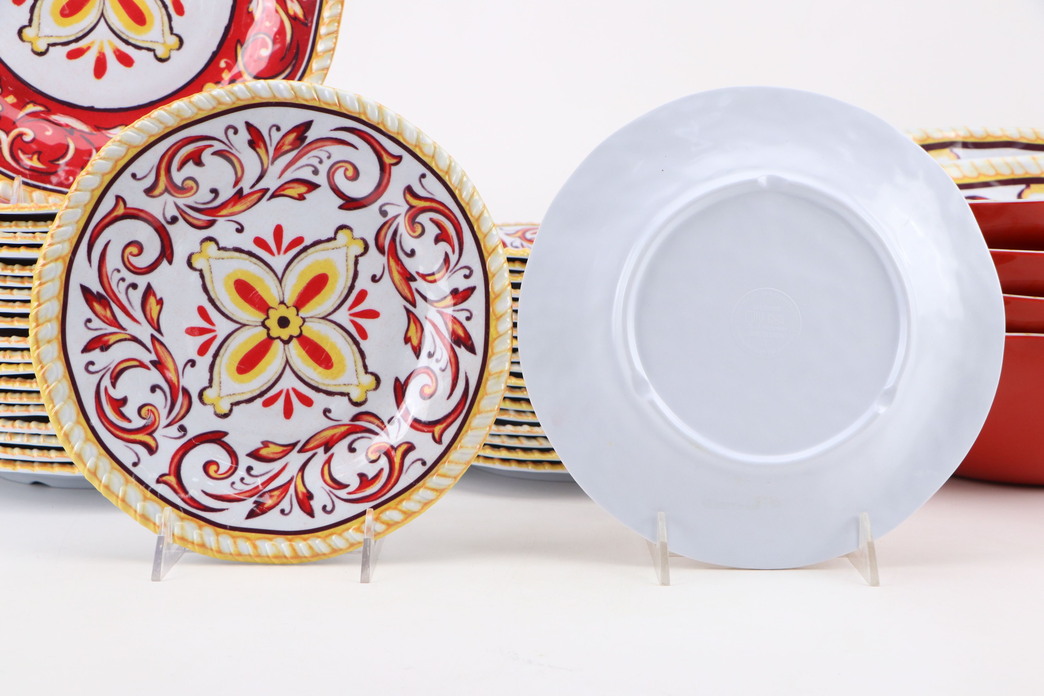 Melamine Bowls and Plates with Cups, Cheese Utensils and Board