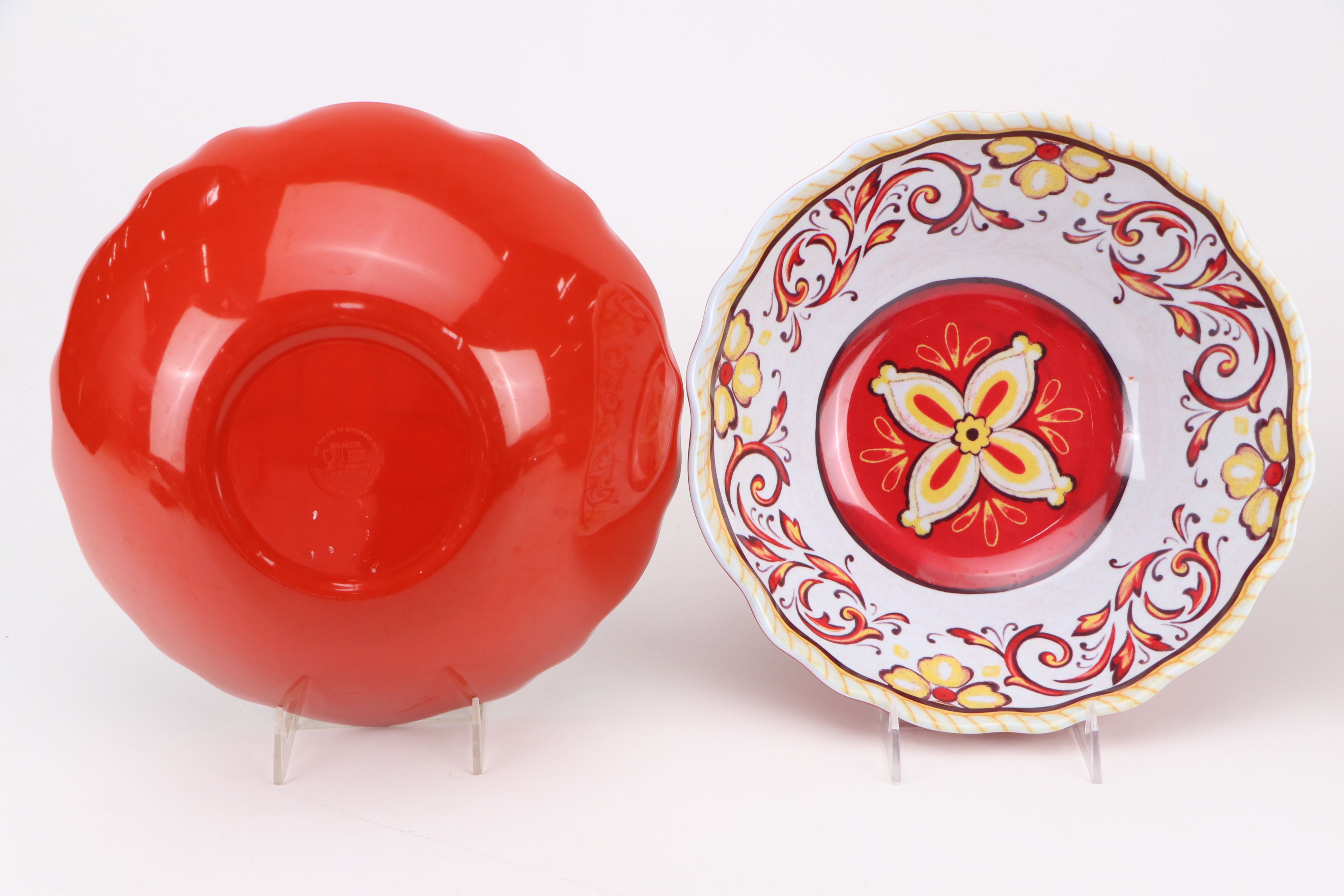 Melamine Bowls and Plates with Cups, Cheese Utensils and Board