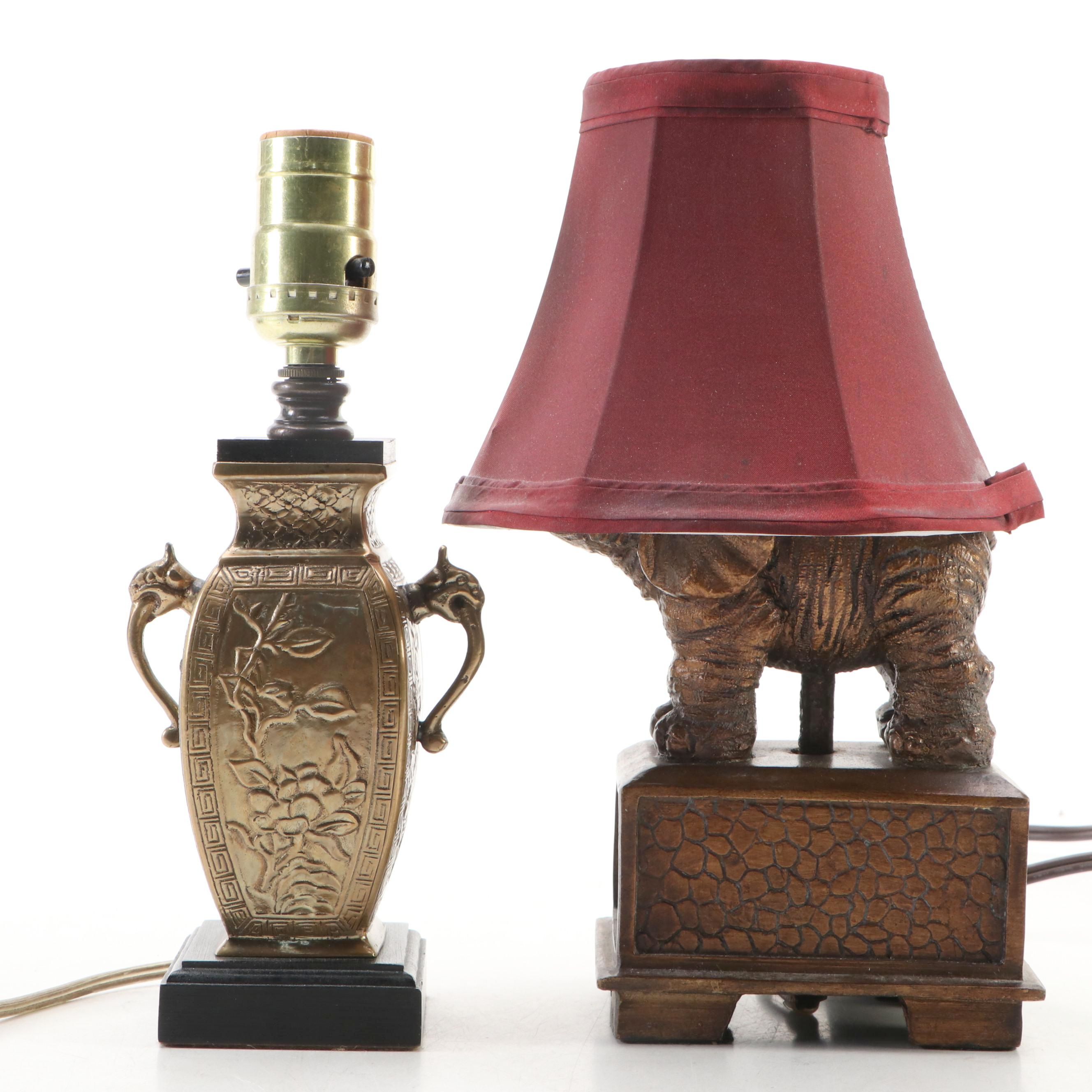 Chinese Brass Vase and Elephant Figural Accent Lamps