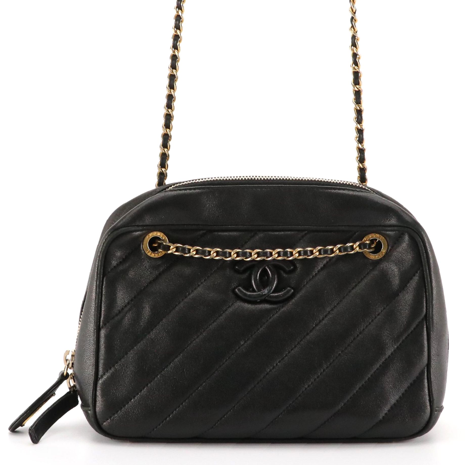 Chanel Zip-Around Chain Strap Camera Bag in Black Diagonal Quilted Leather