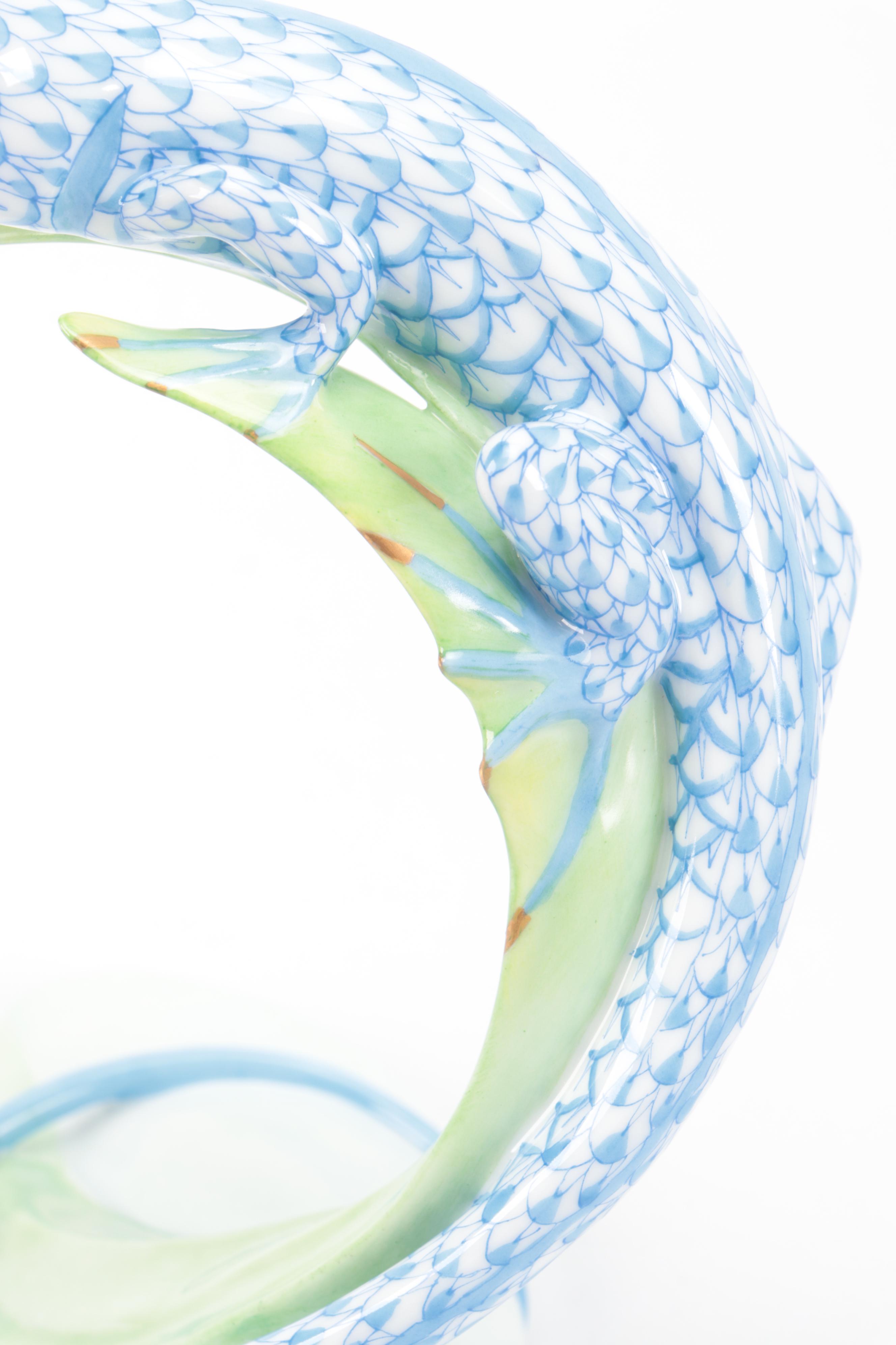 Herend Blue Fishnet with Gold "Lizard on Leaf" Porcelain Figurine