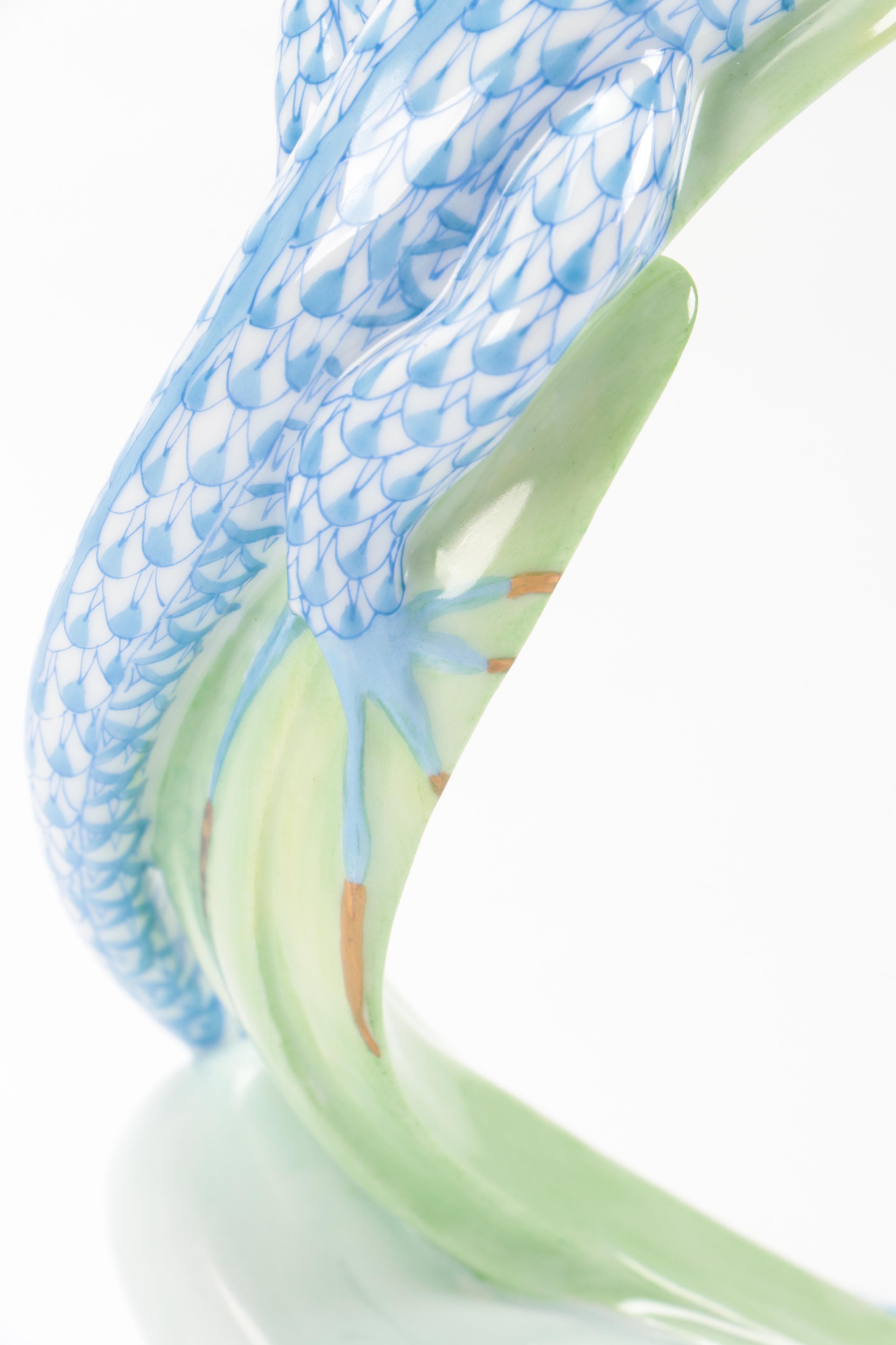Herend Blue Fishnet with Gold "Lizard on Leaf" Porcelain Figurine
