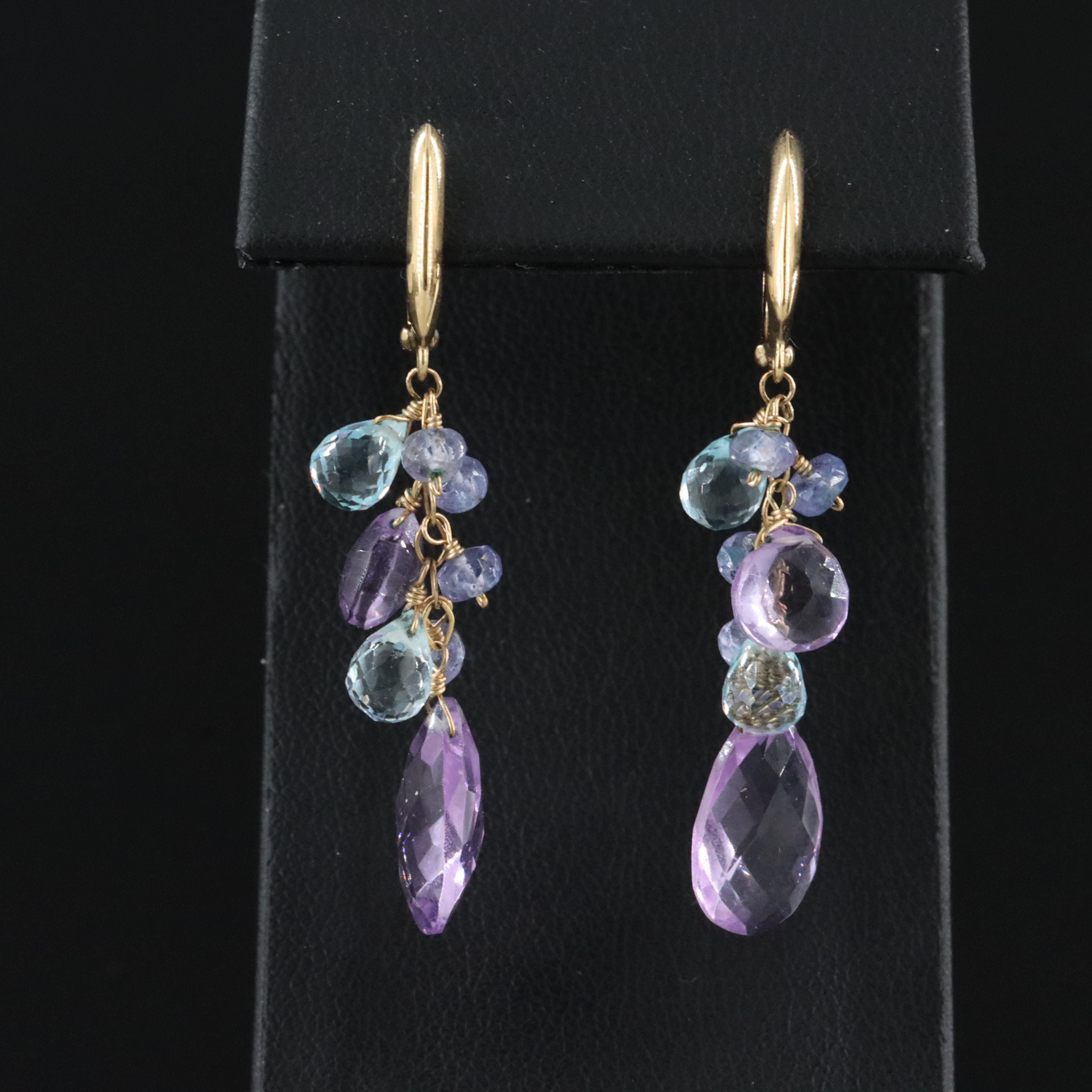 14K Amethyst, Sky Blue Topaz, and Tanzanite Earrings