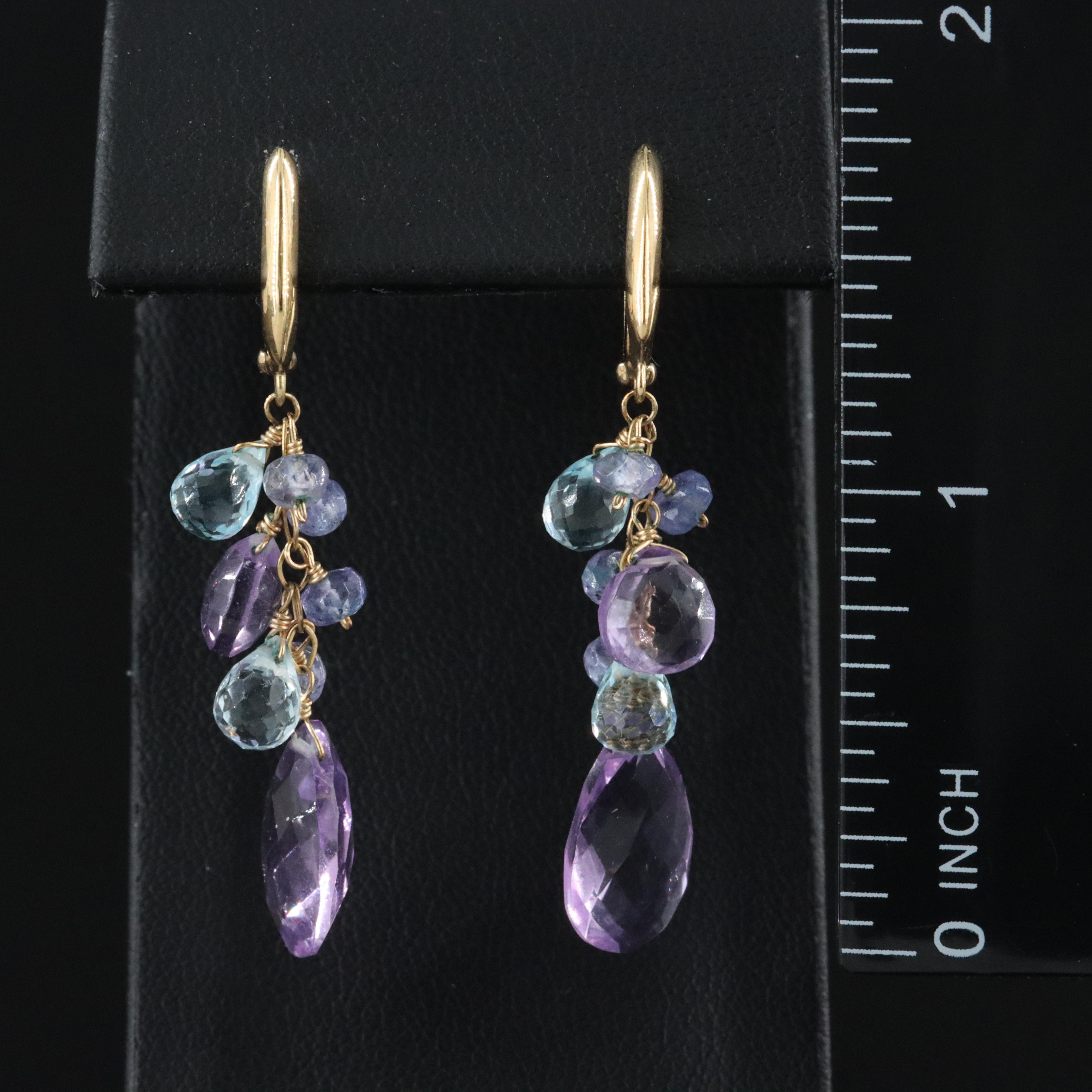 14K Amethyst, Sky Blue Topaz, and Tanzanite Earrings