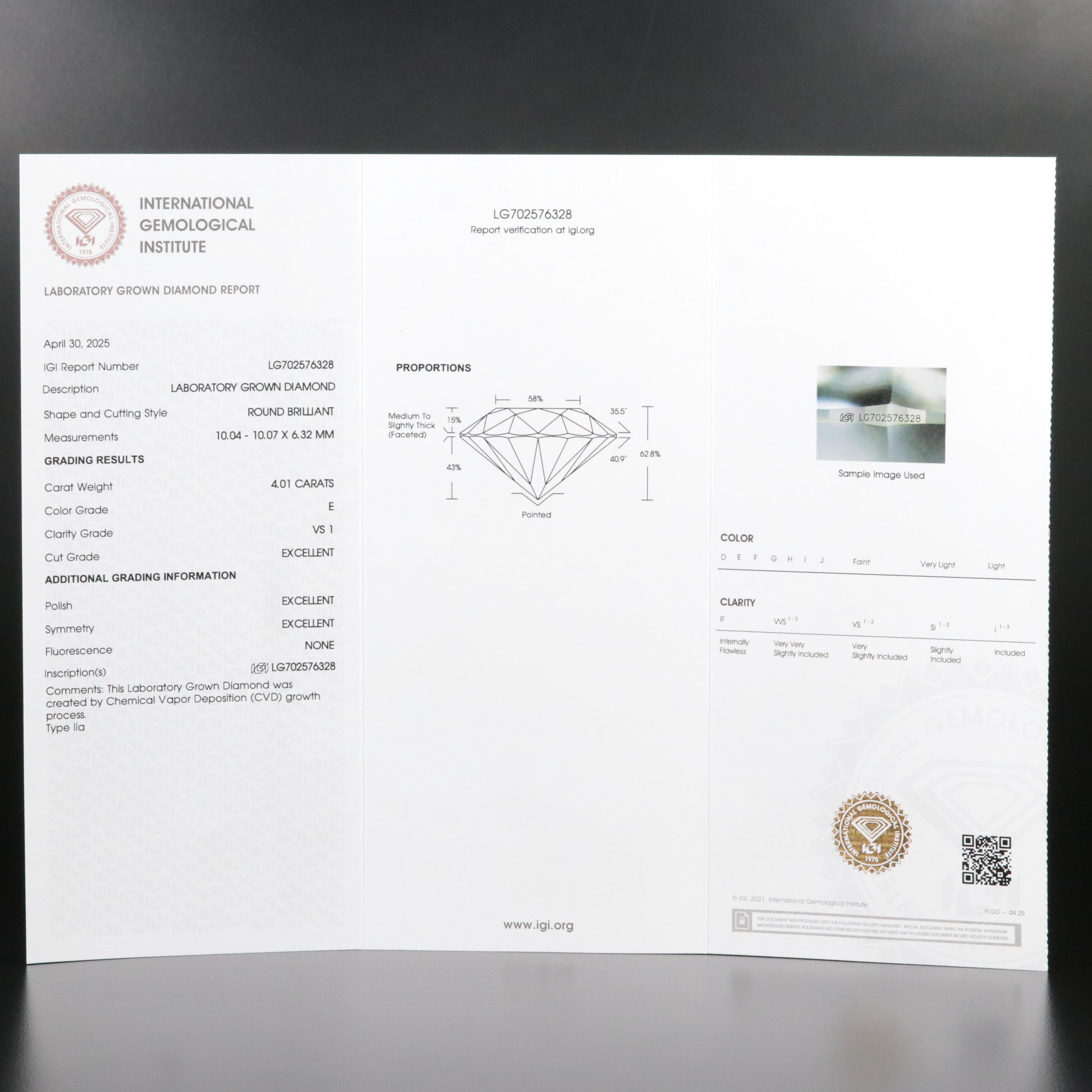 Loose 4.01 CT Lab Grown Diamond with IGI Report