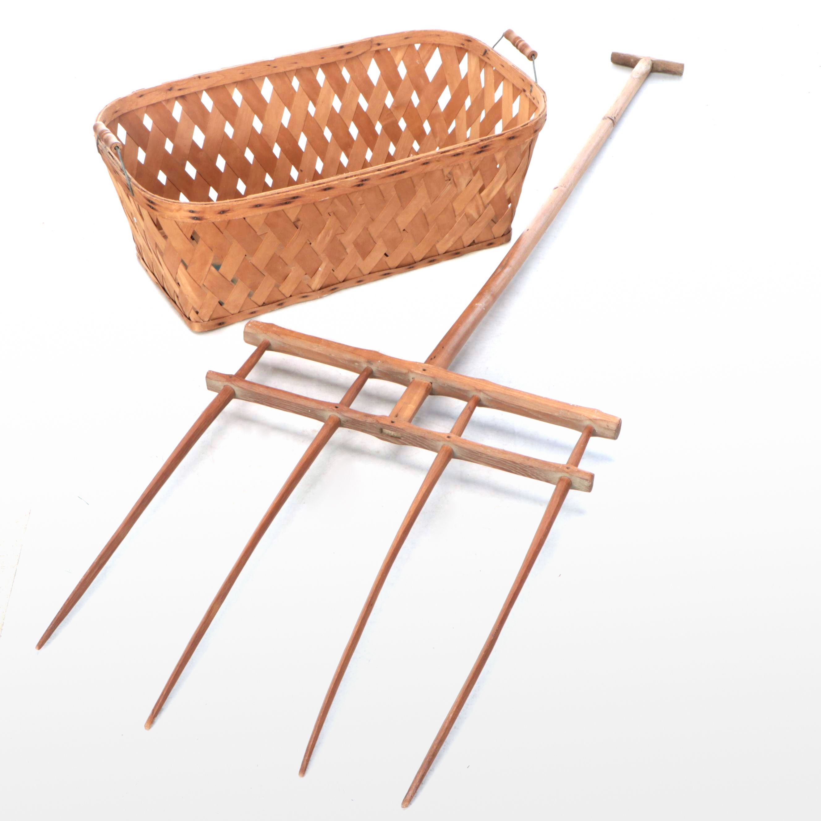 Large Wood Rake and Handled Woven Basket