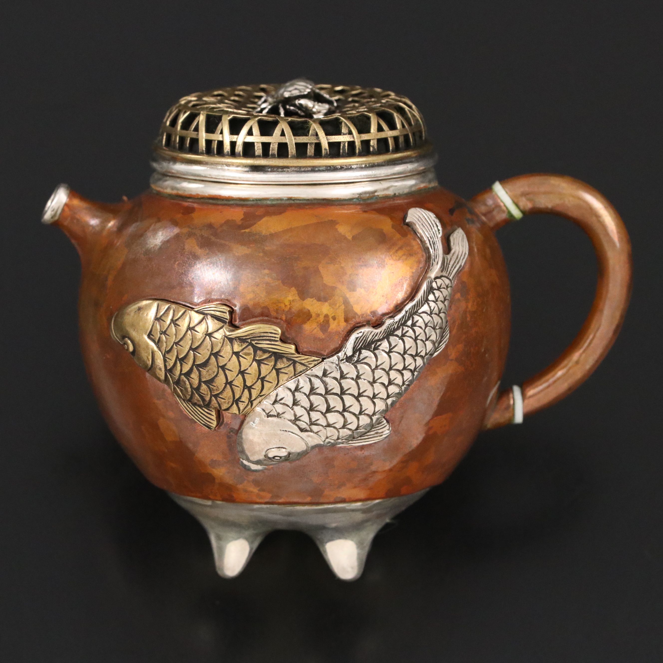 Chinese Copper with Sterling Silver and Mixed Metal Ewer and Pierced Lid