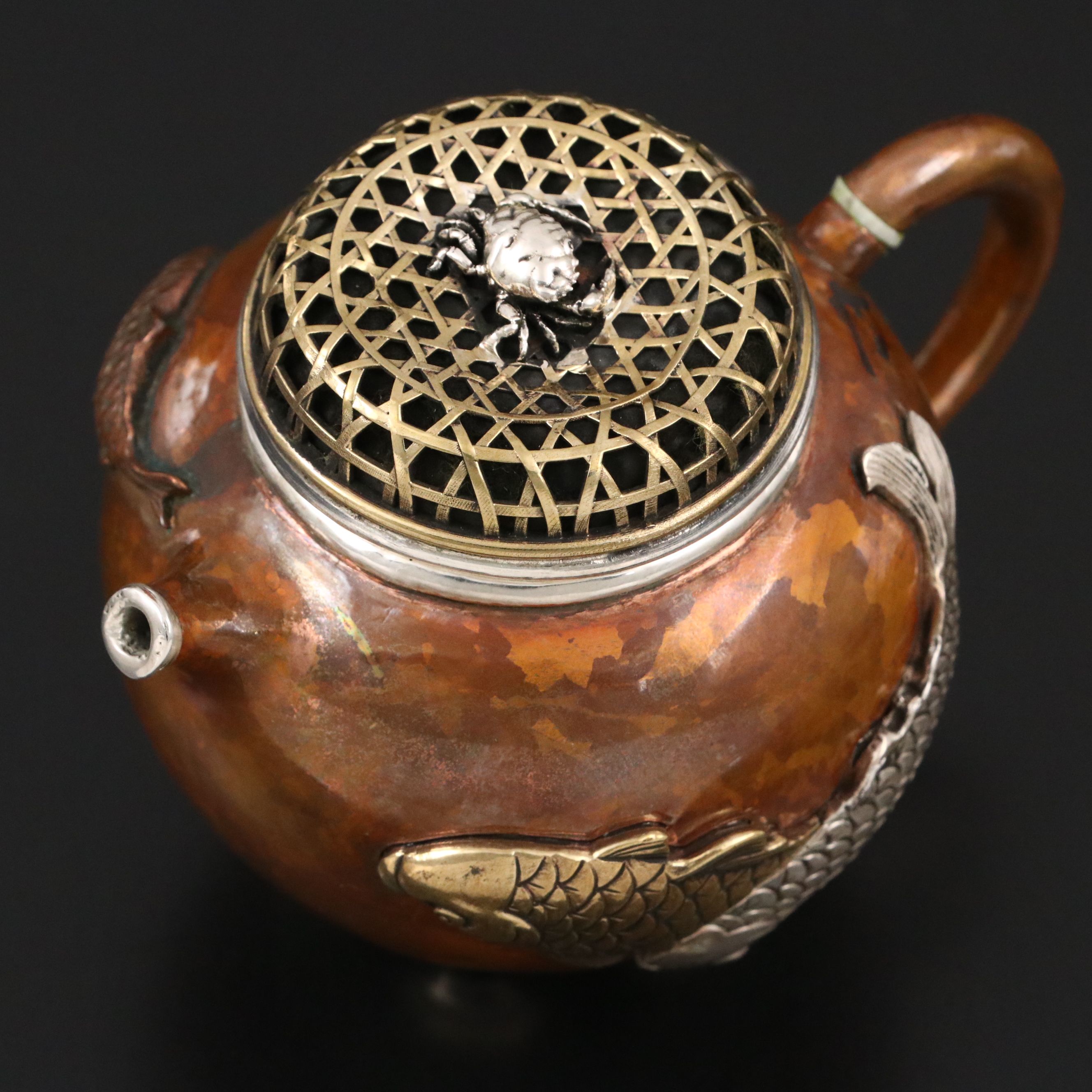 Chinese Copper with Sterling Silver and Mixed Metal Ewer and Pierced Lid