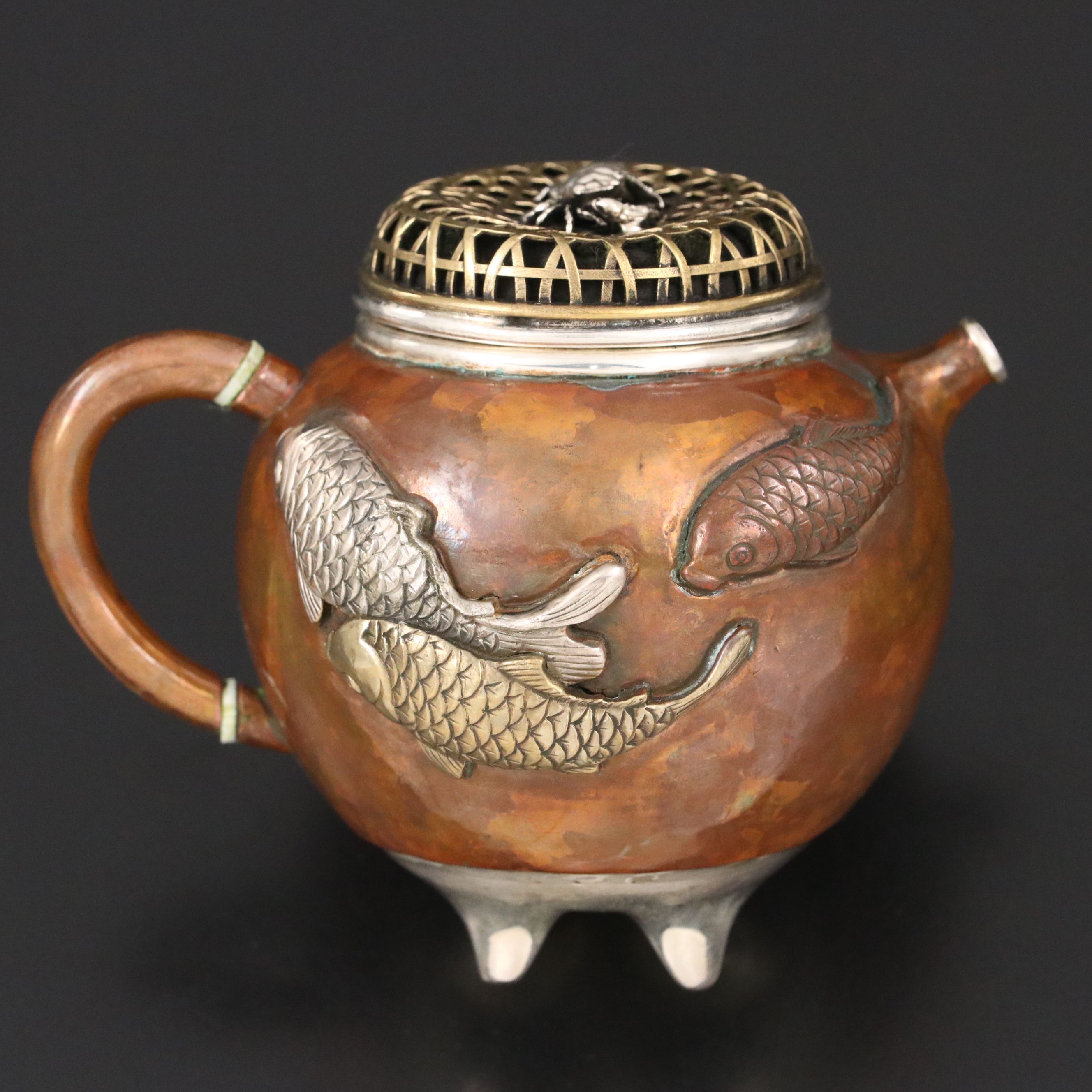 Chinese Copper with Sterling Silver and Mixed Metal Ewer and Pierced Lid