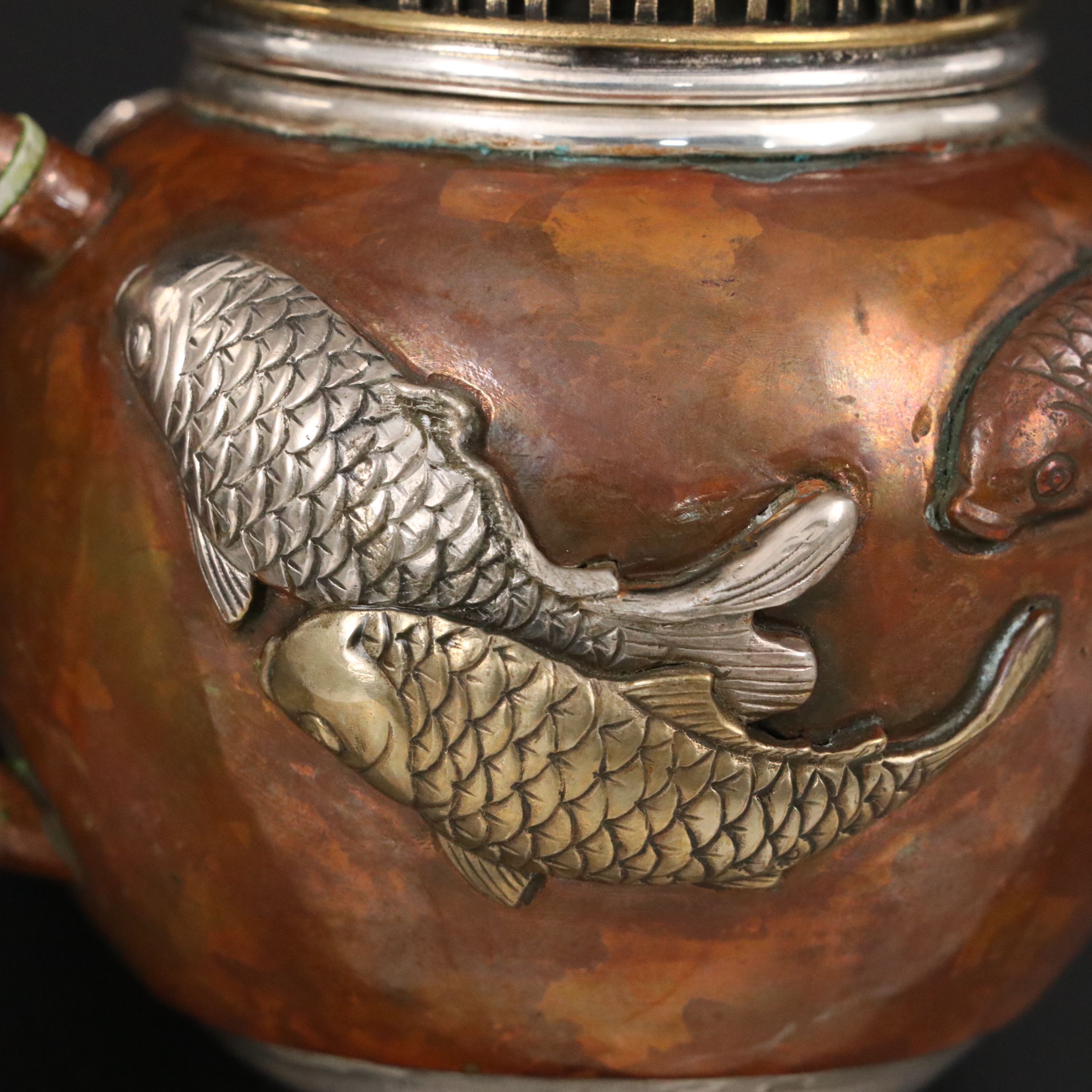 Chinese Copper with Sterling Silver and Mixed Metal Ewer and Pierced Lid