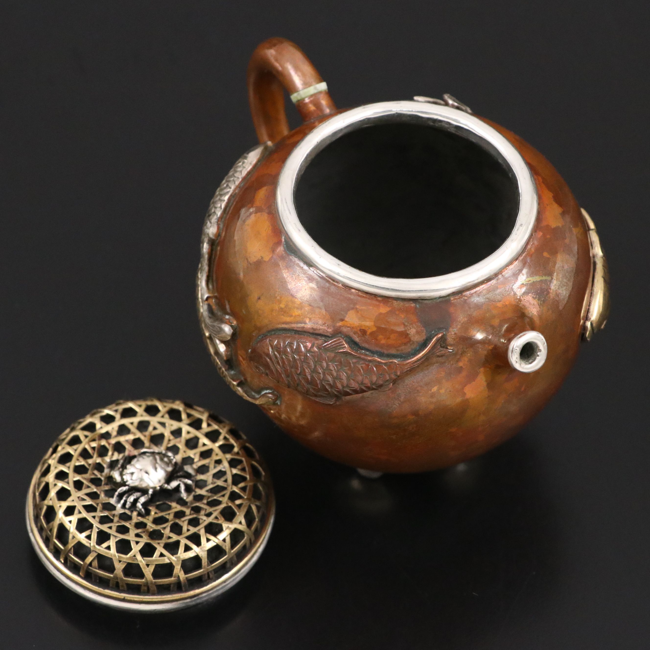 Chinese Copper with Sterling Silver and Mixed Metal Ewer and Pierced Lid