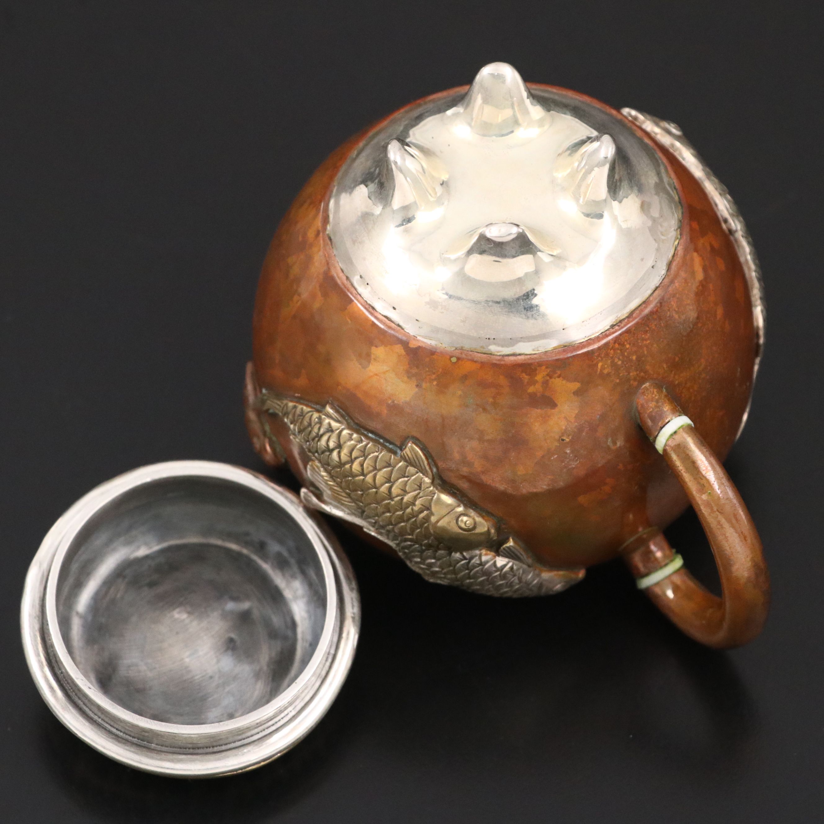 Chinese Copper with Sterling Silver and Mixed Metal Ewer and Pierced Lid