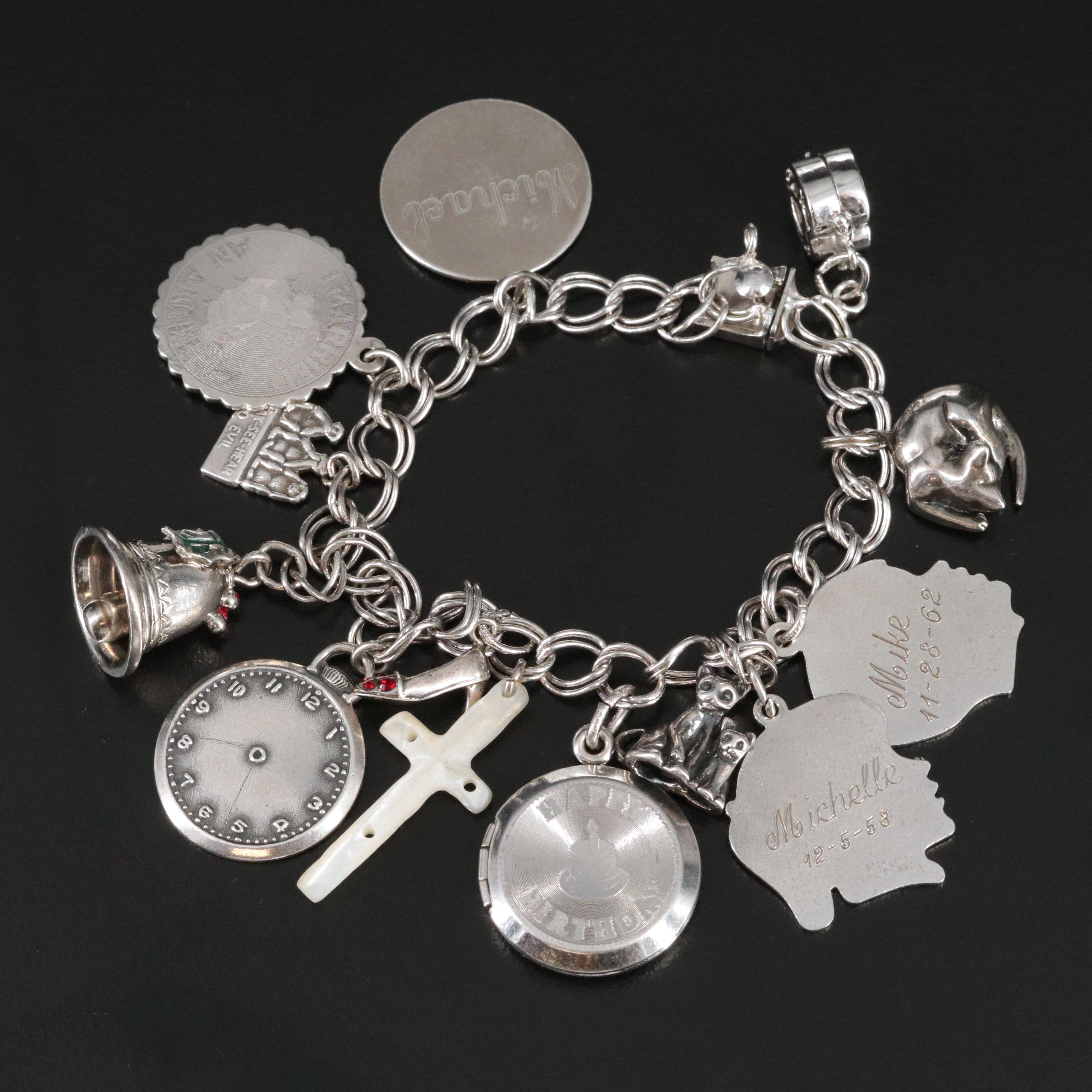 Sterling Mother-of-Pearl and Cubic Zirconia Charm Bracelet