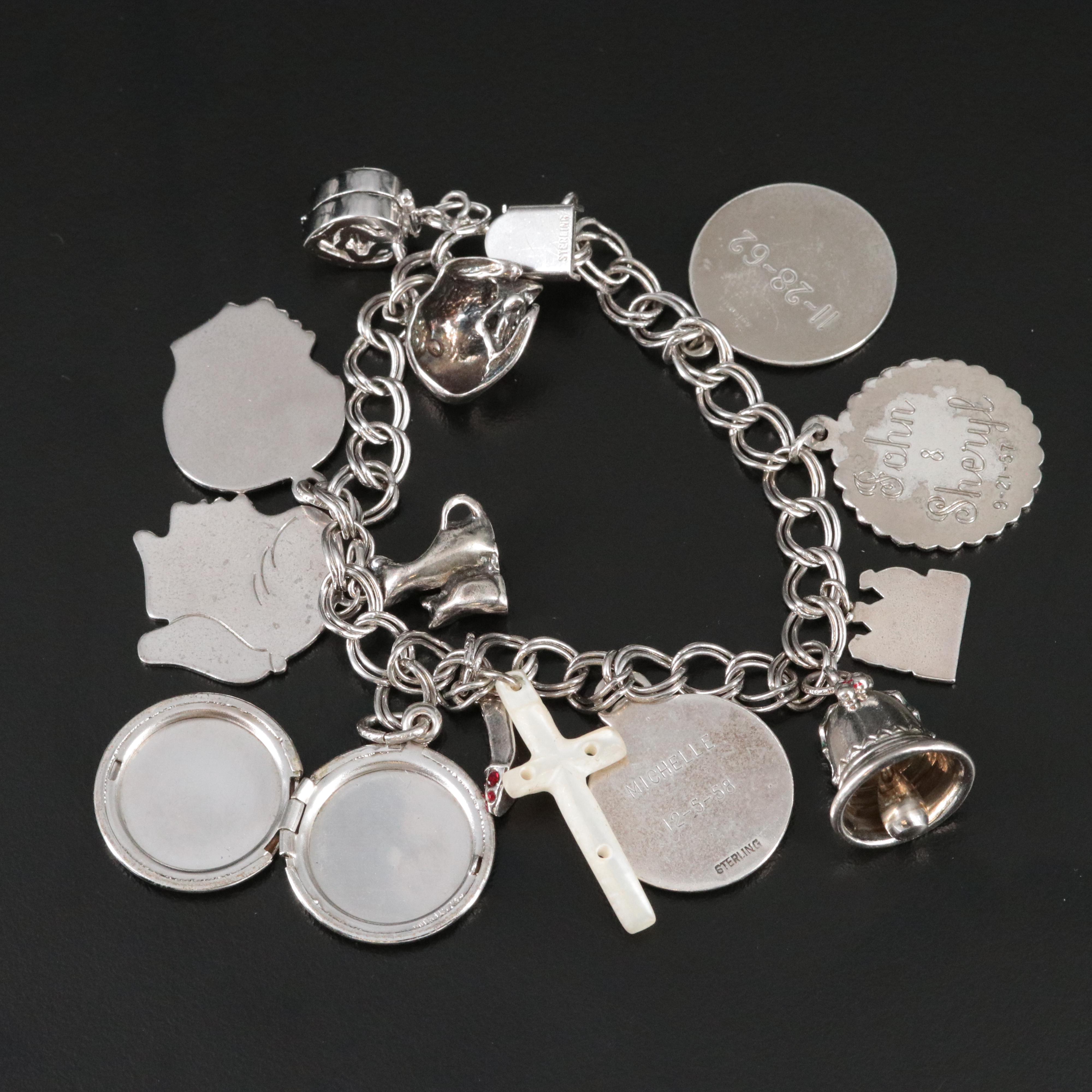 Sterling Mother-of-Pearl and Cubic Zirconia Charm Bracelet