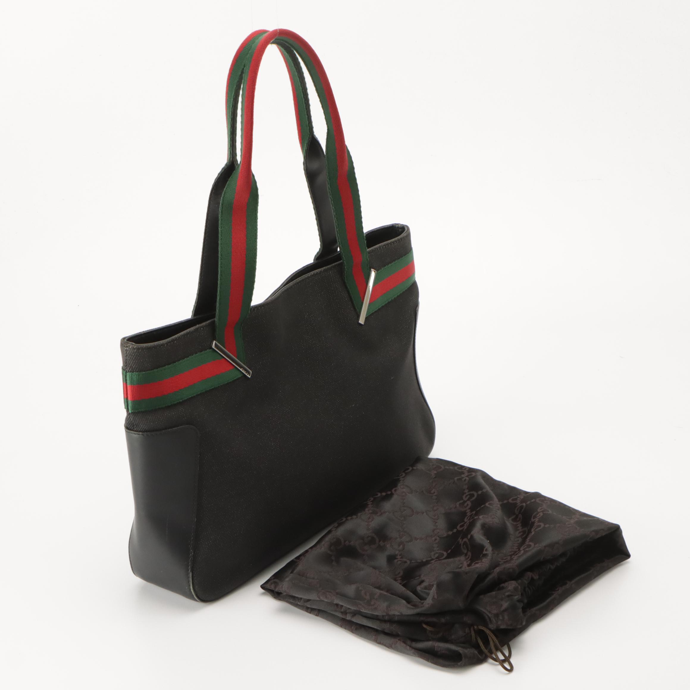 Gucci Dark Denim and Black Leather Web Stripe Trim/Strap Shoulder Bag