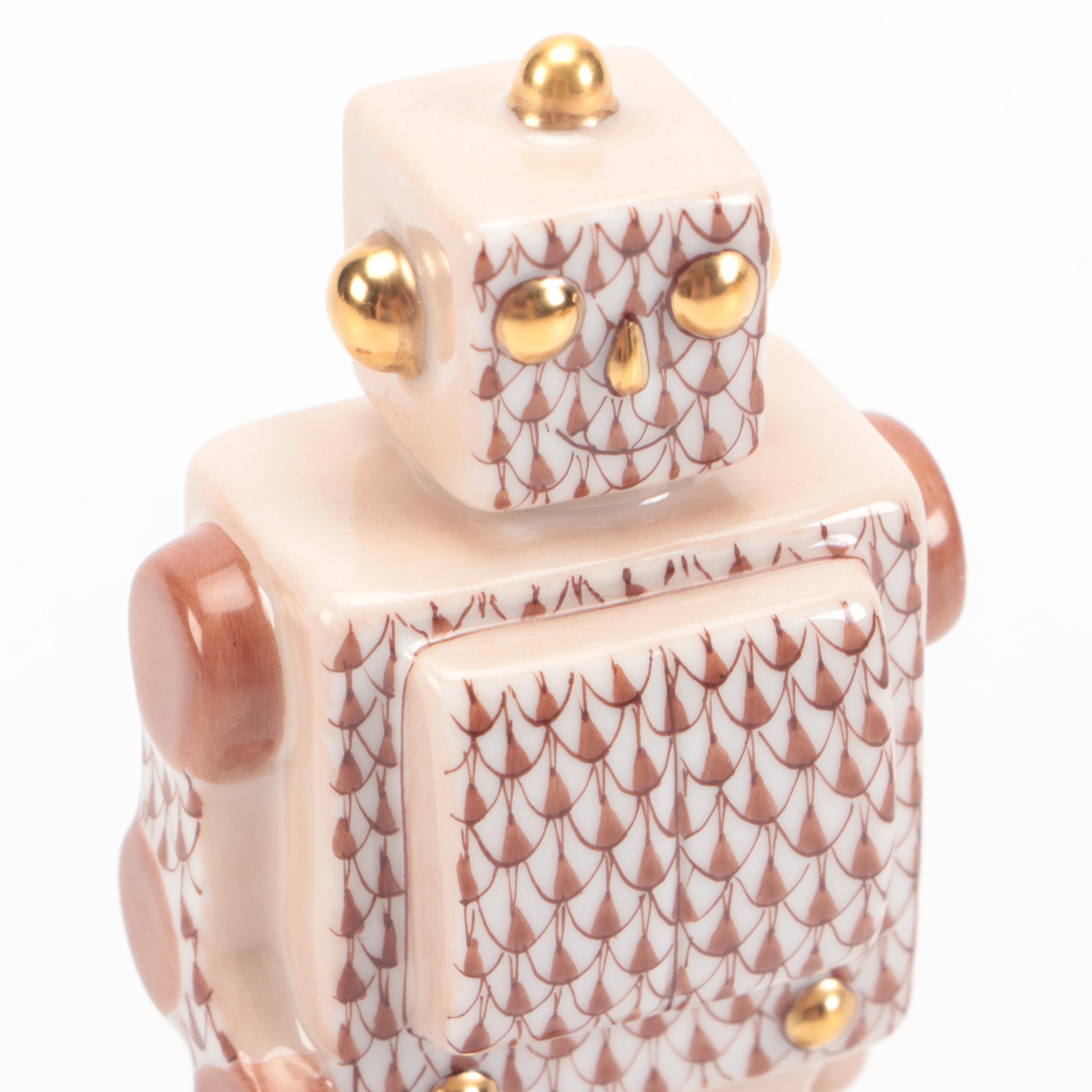 Herend Chocolate Fishnet with Gold "Toy Robot" Porcelain Figurine