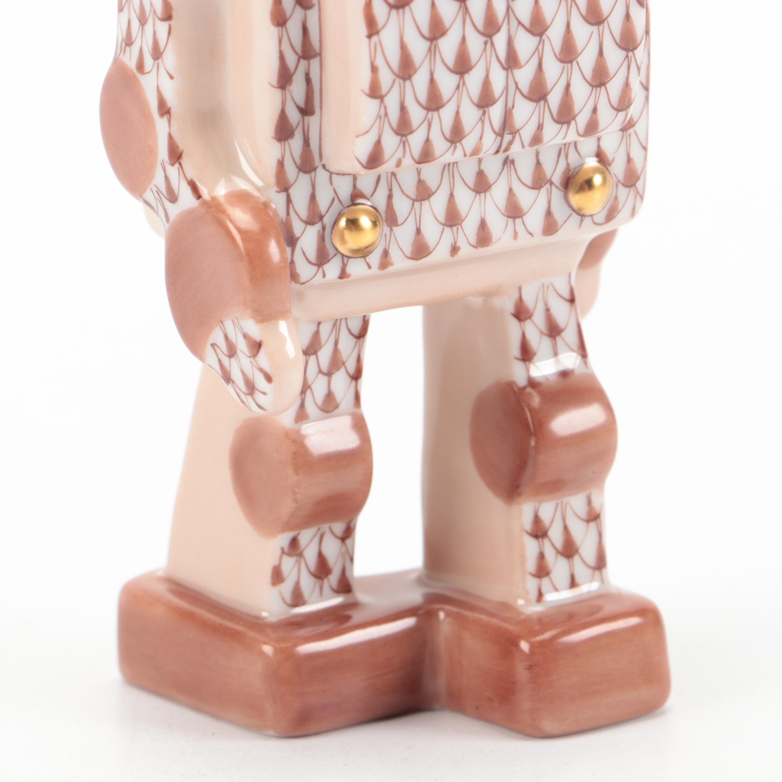 Herend Chocolate Fishnet with Gold "Toy Robot" Porcelain Figurine