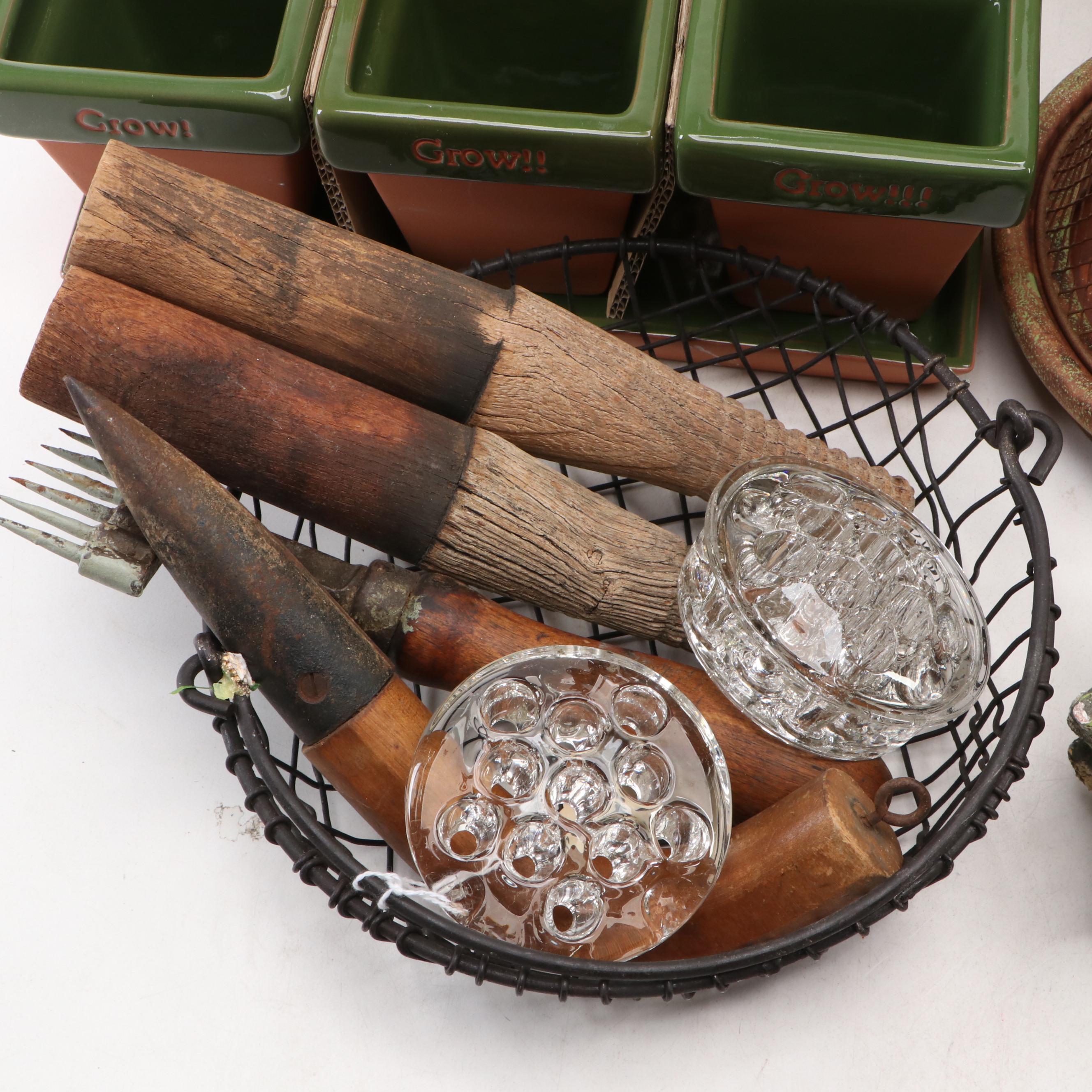 Woven Pineapple Form Candle Holder with Wicker Basket, Flower Frogs, and More