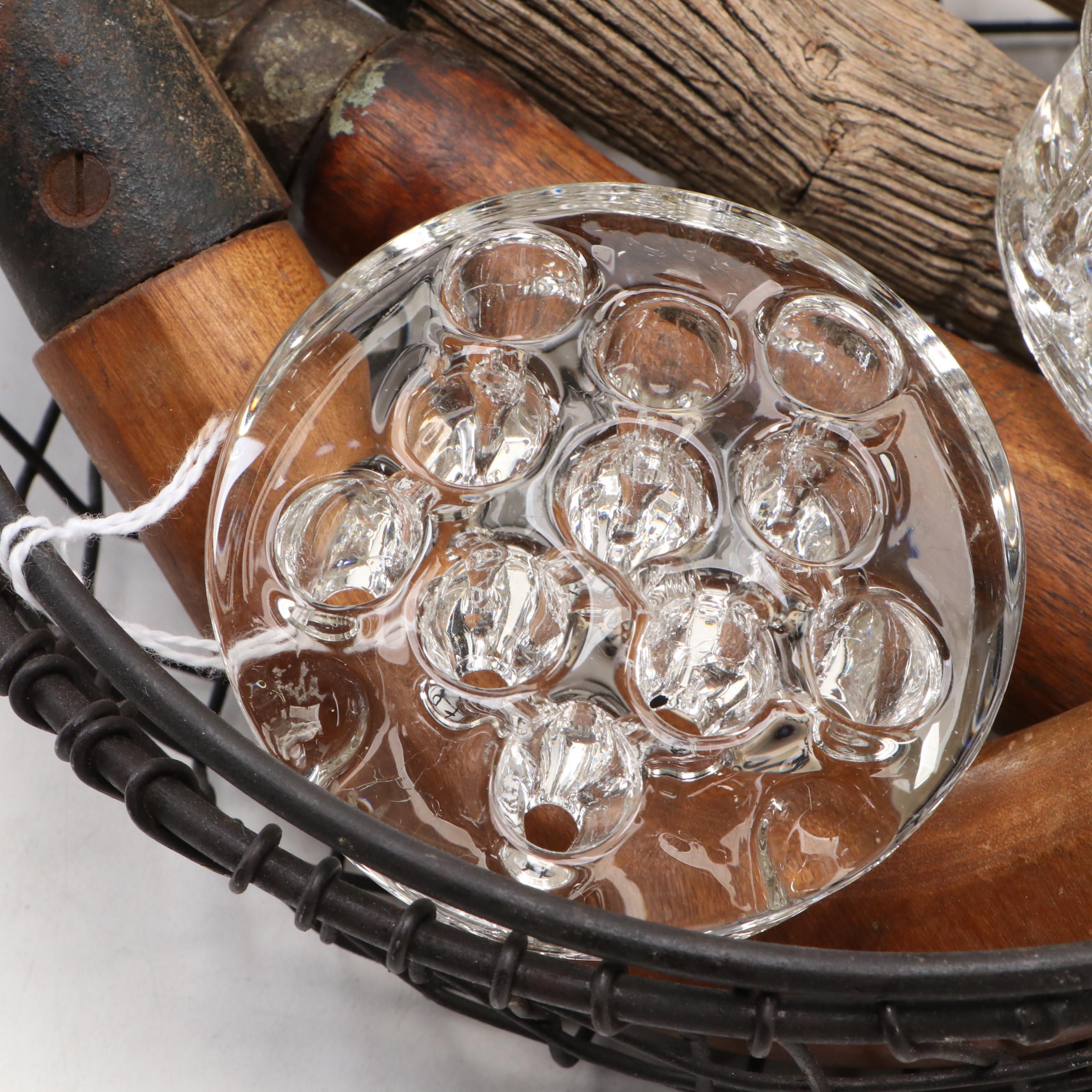 Woven Pineapple Form Candle Holder with Wicker Basket, Flower Frogs, and More