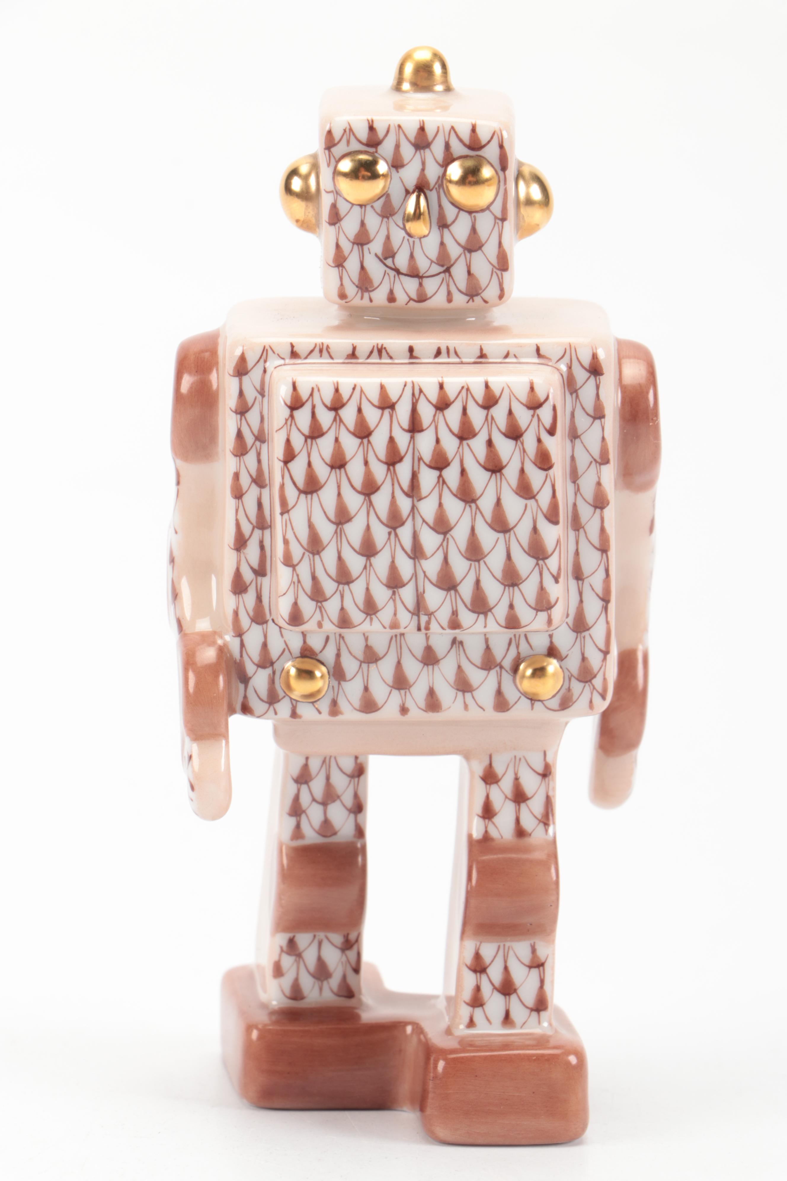 Herend Chocolate Fishnet with Gold "Toy Robot" Porcelain Figurine