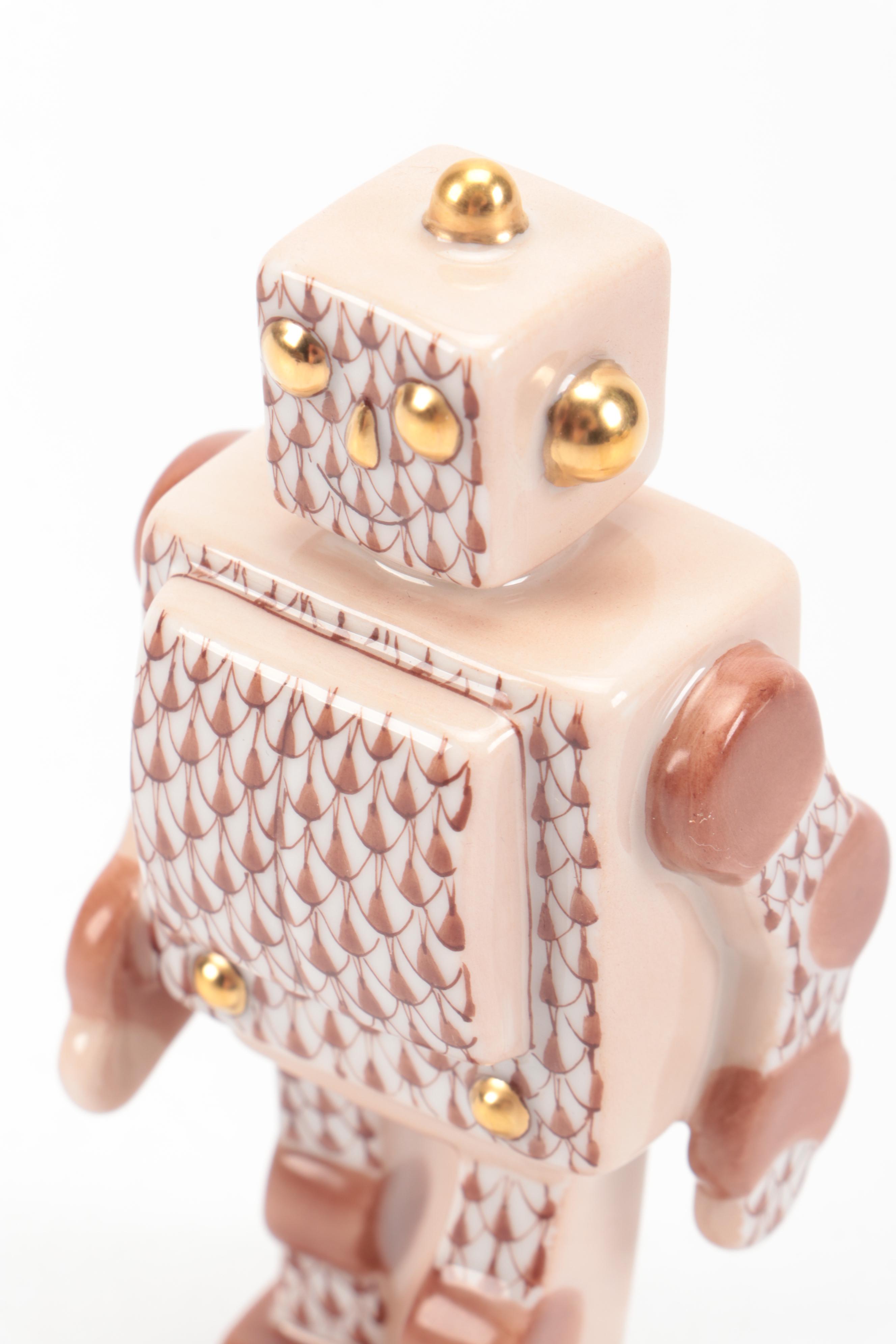 Herend Chocolate Fishnet with Gold "Toy Robot" Porcelain Figurine
