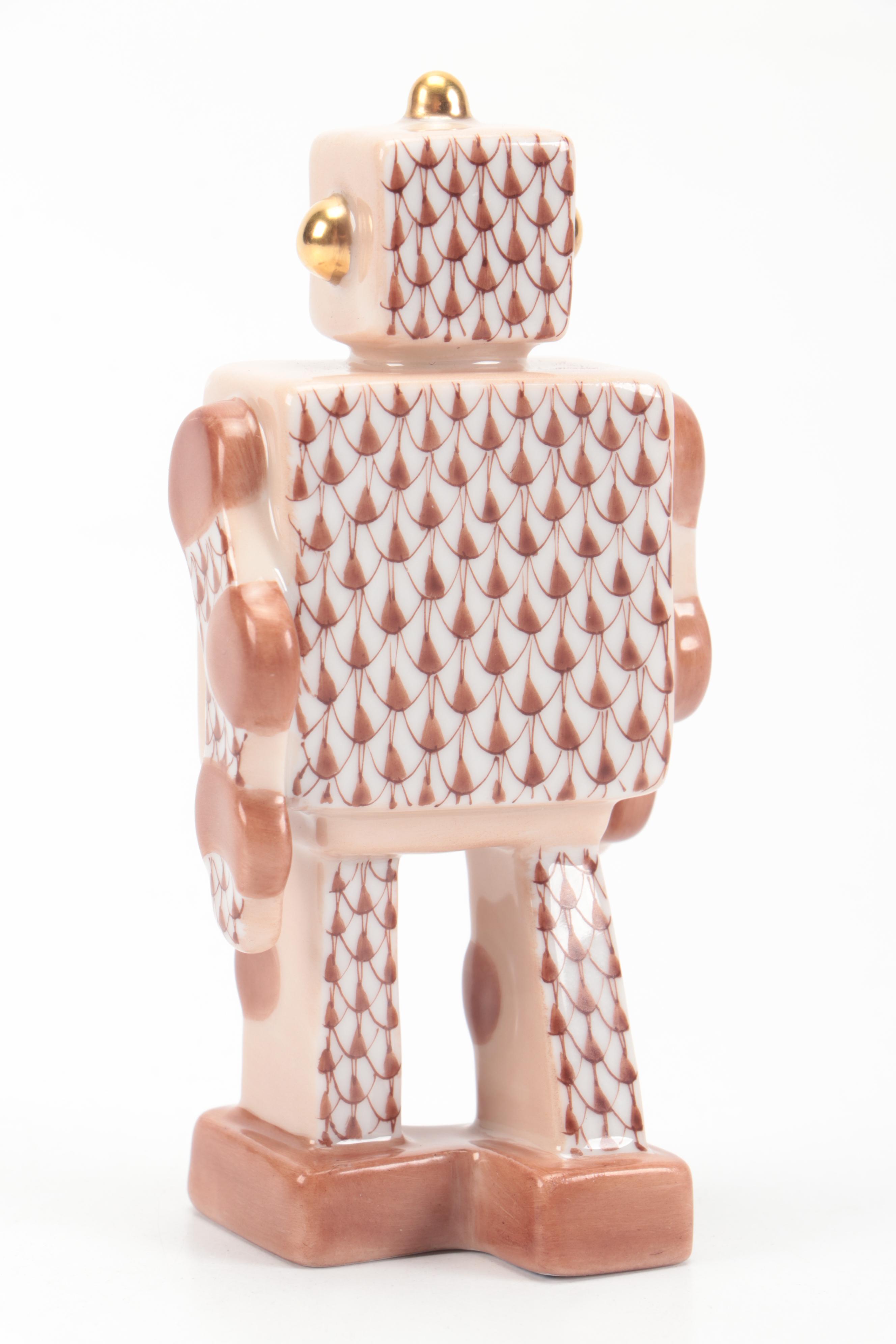 Herend Chocolate Fishnet with Gold "Toy Robot" Porcelain Figurine
