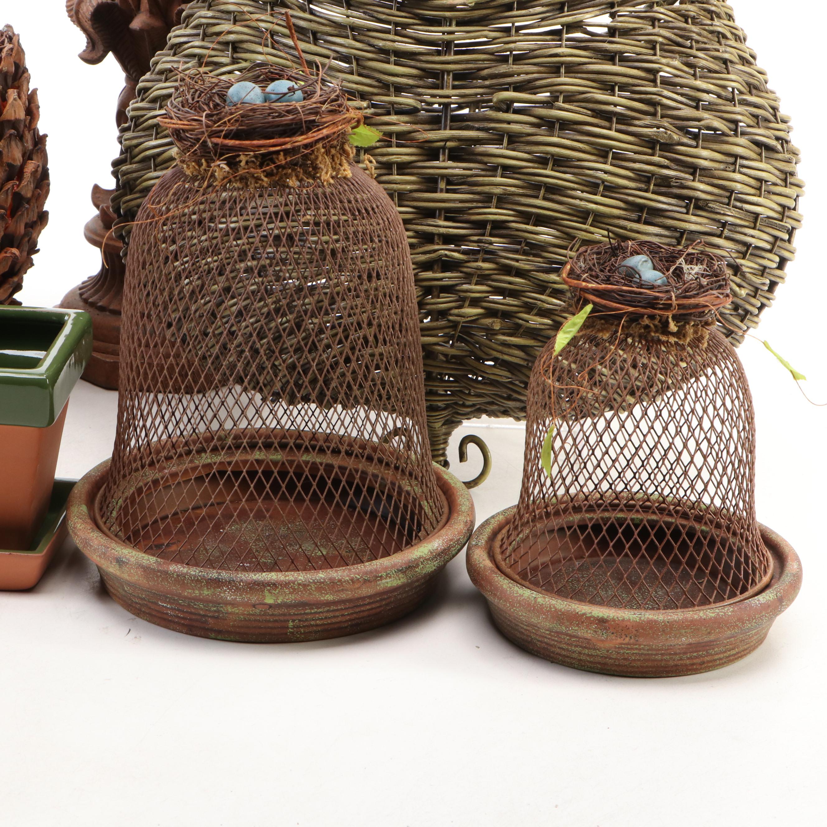 Woven Pineapple Form Candle Holder with Wicker Basket, Flower Frogs, and More