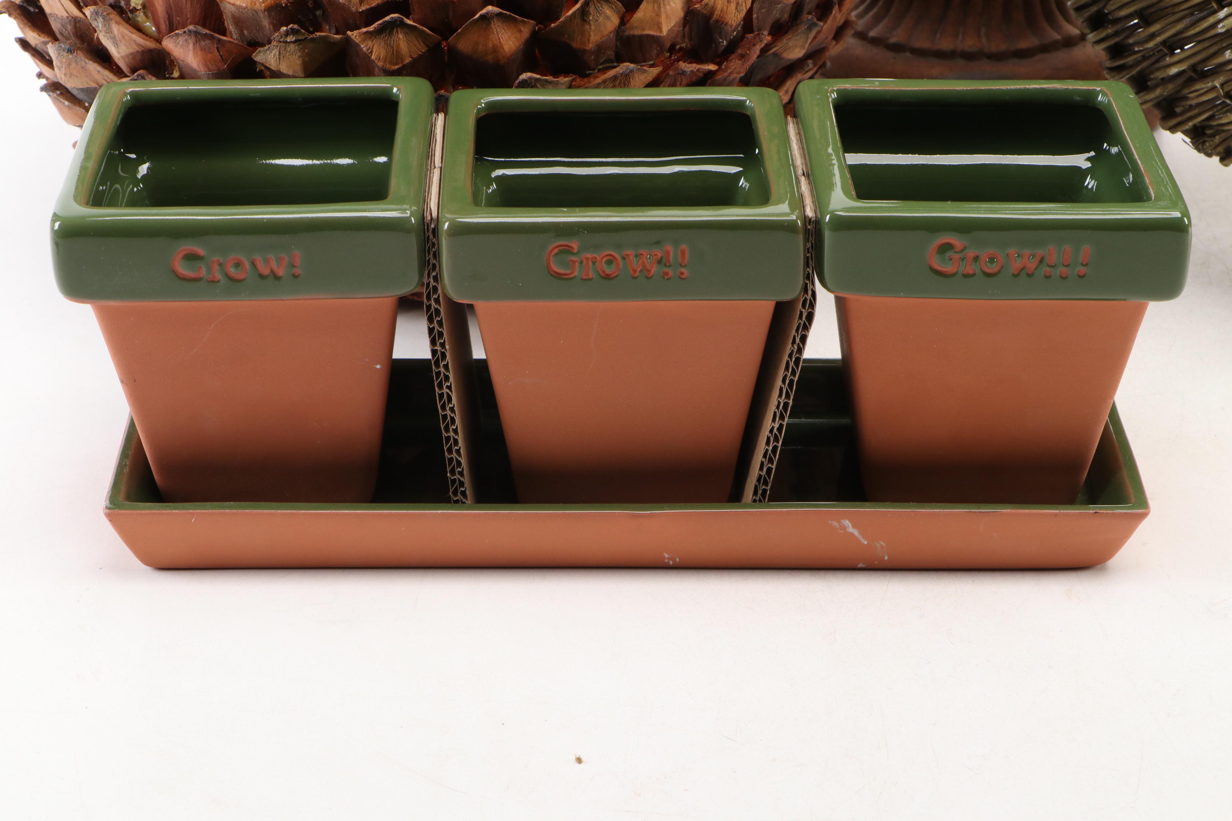 Woven Pineapple Form Candle Holder with Wicker Basket, Flower Frogs, and More