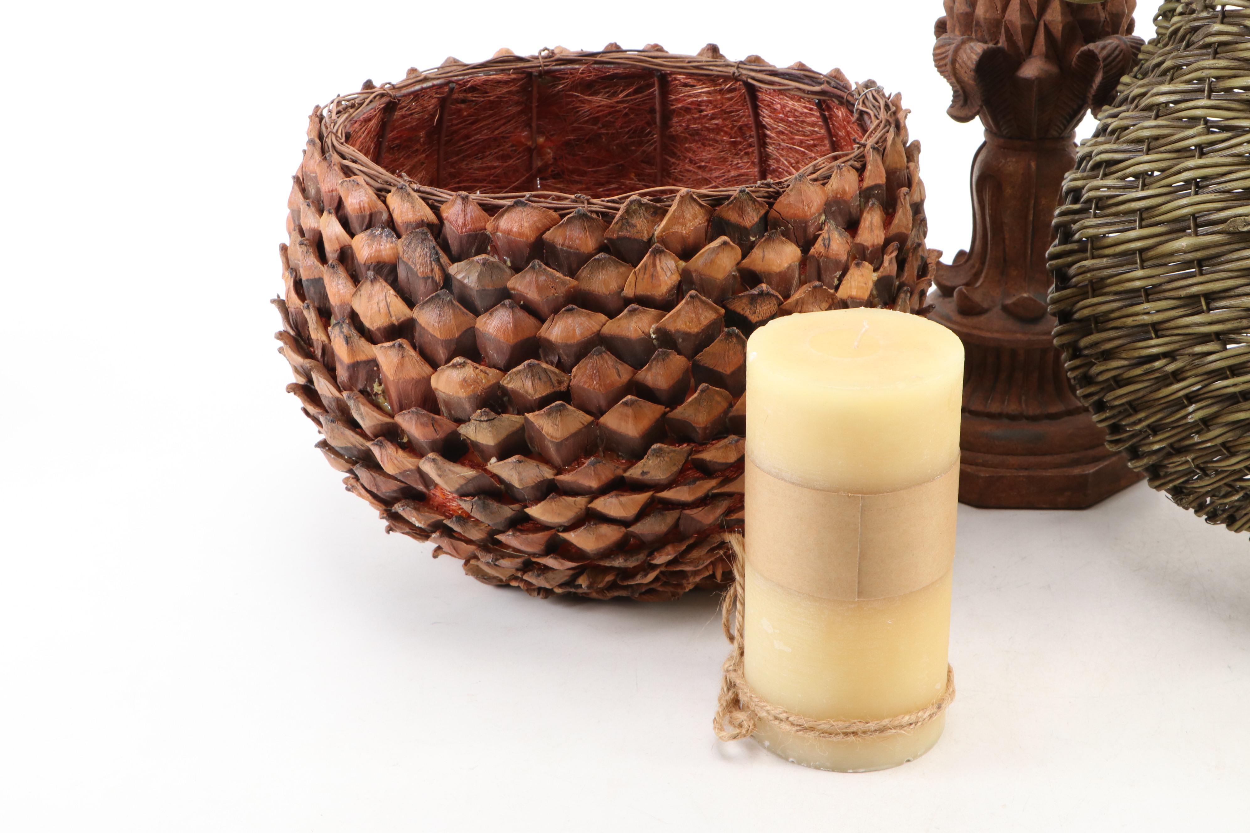 Woven Pineapple Form Candle Holder with Wicker Basket, Flower Frogs, and More