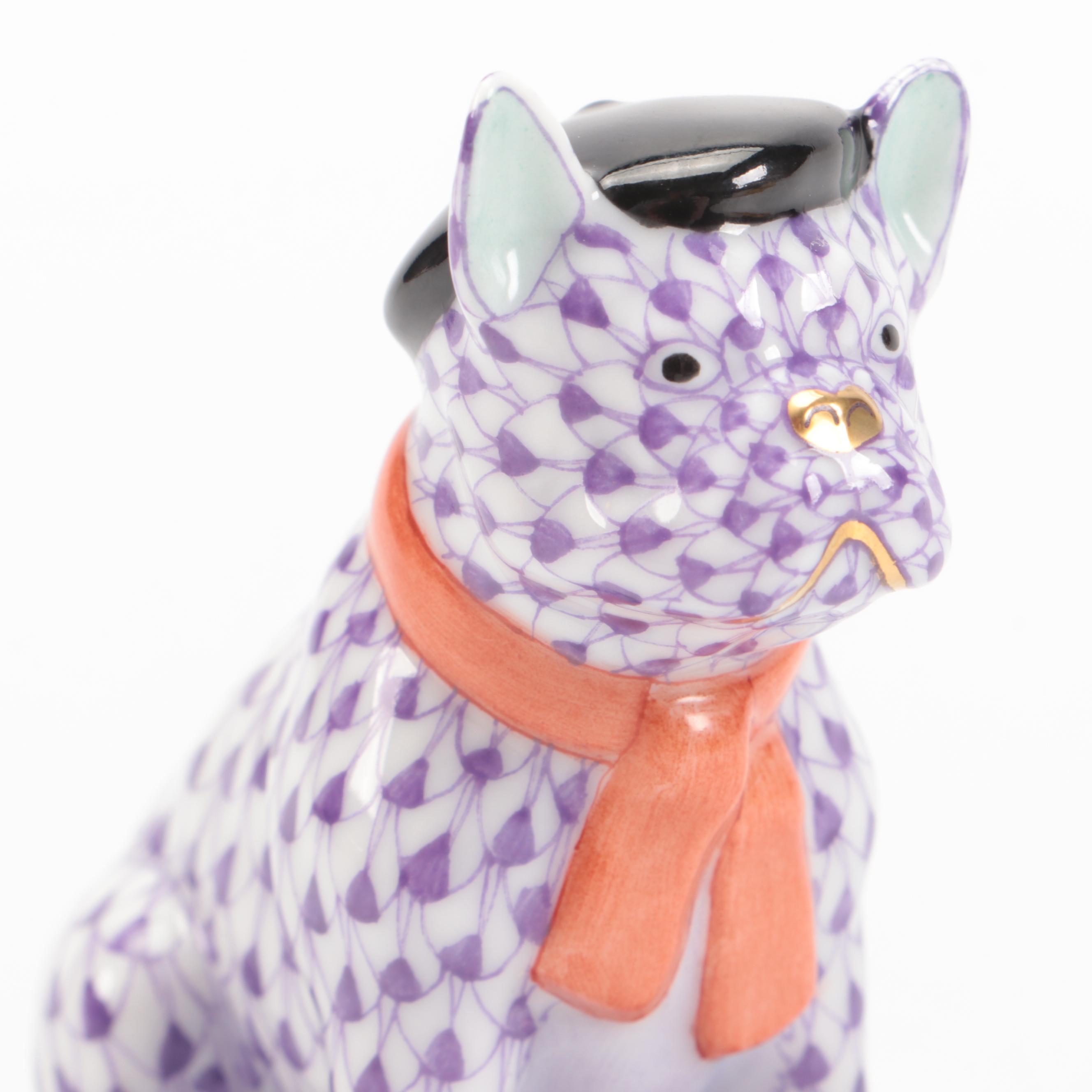 Herend Lilac Fishnet with Gold "French Frenchie" Porcelain Figurine