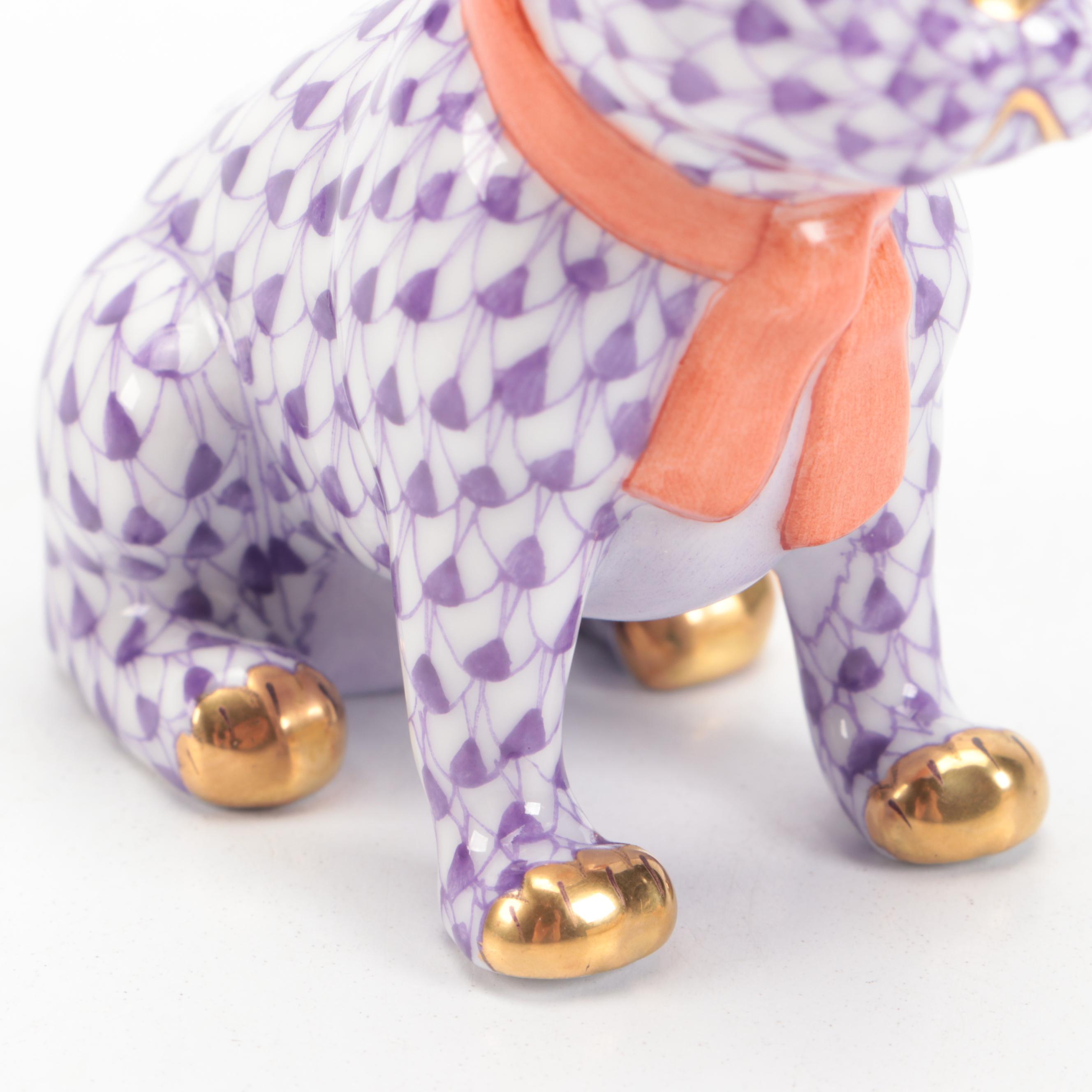 Herend Lilac Fishnet with Gold "French Frenchie" Porcelain Figurine